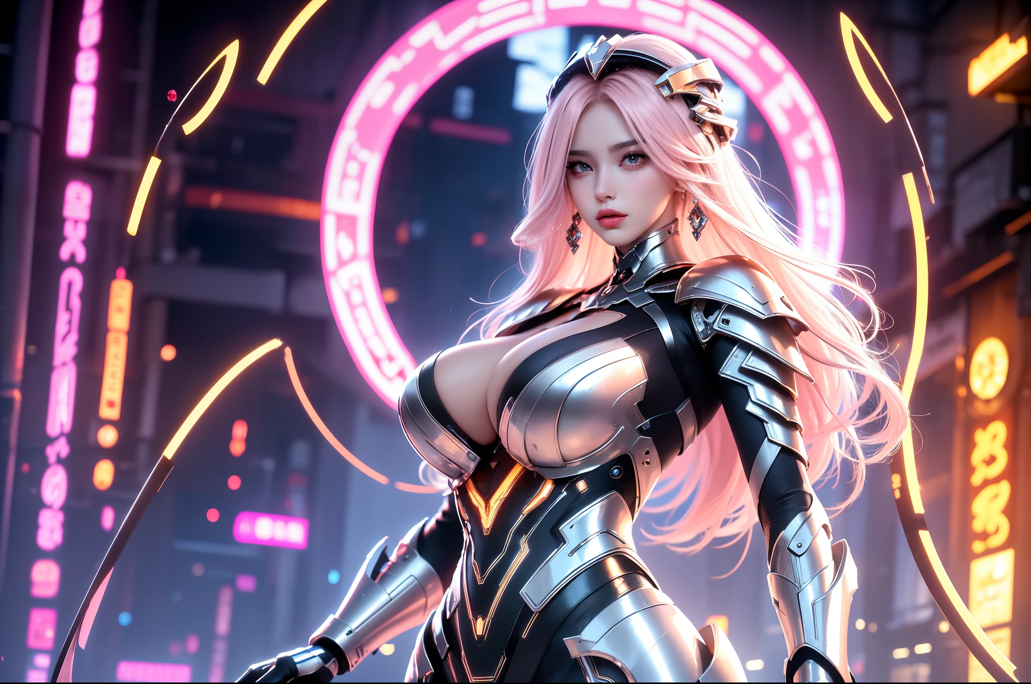 (masterpiece), best quality, expressive eyes, perfect face, beautiful details face, beautiful round eyes, full body, A beautiful mature woman in cyber armour suit shows her Extremely busty and attractive breasts, (arrogant face), (platinum pink hair), (bob cut, streaked hair, expressive hair, shiny hair, glowing hair, multicolored hair, gradient hair, colored inner hair, straight hair, medium long hair), fair skin, (beautiful detailed full bodysuit:1.3), (full body cyber armour), glowing and shining armour, silver and blue cyber armour, (cybernetic wings:1.0, Gigantic mechanical wing:1.2), (Edge lights:1.3), (silver and orange colour scheme:1.3), neon light on armor, beautiful details eyes, (light green eyes:1.3), (glowing eyes:1.2), (Gigantic saggy breasts:1.1), tight breasts, thick body, (well accentuated curves), pink lips, (silver nails), mascara, Long eyelashes, eyeliners, (Extremely wide well defined hips:1.3), (beautiful massive thick thighs:1.3), slender figure, (Extremely detailed skin texture:1.2), beautiful detailed realistic muscle definition, golden lights that shimmer, high detailed eyes, ultra-high quality model, proportionate, intense colouration fantasy, (background fantasy cyber city), pink and gold tetradic colours, earrings, (1girl), solo, cowboy shot, shine, glowing