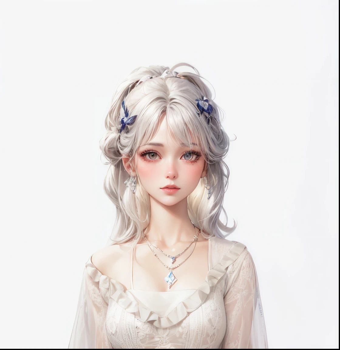 a close up of a woman with a blue dress and a necklace, inspired by Sim Sa-jeong, silver hair (ponytail), the sims 4 texture, crystalline translucent hair, straight hairstyle, white long straight hair, hyperrealistic teen, detailed hair foggy, realistic hair, kawaii realistic portrait, neat hair with bangs, detailed white long hair, girl silver hair