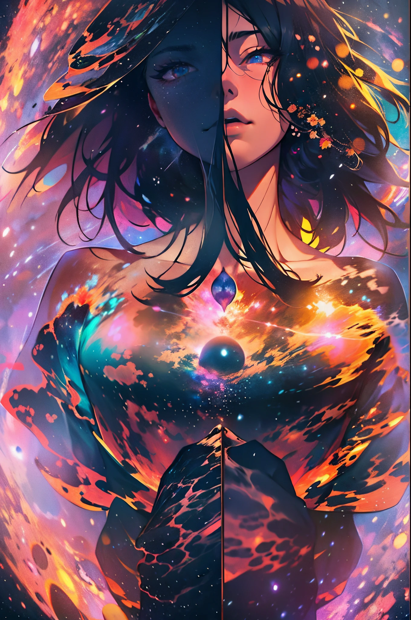 double contact，Oliver Morris double exposure photography style，Couple silhouette，Close-up cleavage，The vast universe，heavenly body，Colorful，vivd colour，a true，フォトリアリスティック，k hd，8K分辨率，tmasterpiece