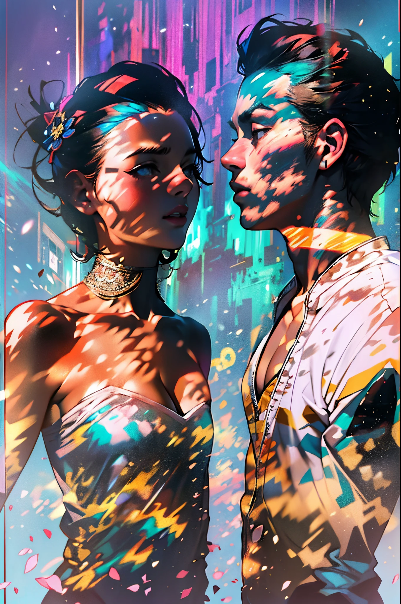 double contact，Oliver Morris double exposure photography style，Couple silhouette，Close-up cleavage，The vast universe，heavenly body，Colorful，vivd colour，a true，フォトリアリスティック，k hd，8K分辨率，tmasterpiece
