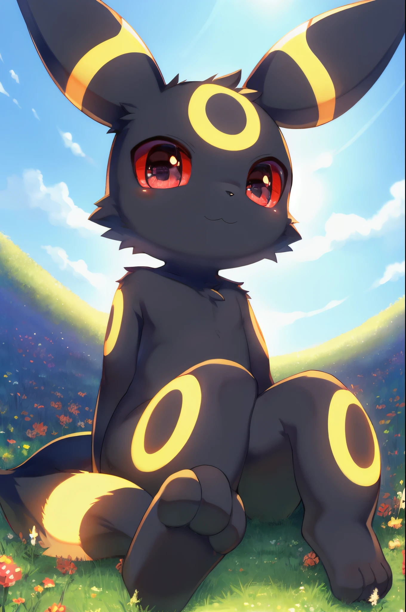 Umbreon, anthro, young, red sclera, black iris, black body fur, feets whit three toes, detailed body fur, detailed face, detailed eyes, glistering body, shiny body, gorgeous body, masterpiece, high quality, anime style, full body, :3, field, clear sky, sitting, cute