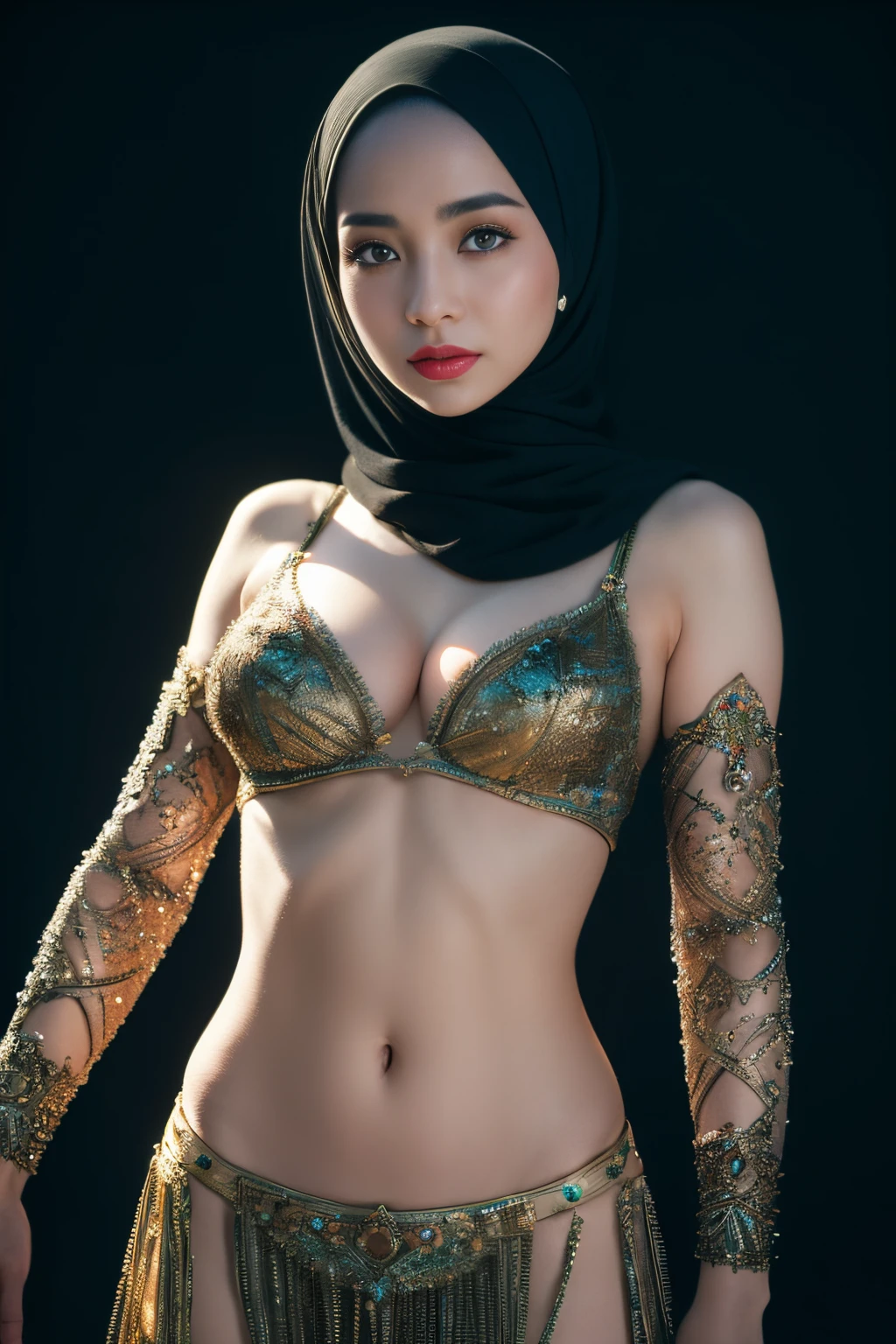 colorful bellydancer, cyberpunk, javanese, (((hijabi))), cleavage, reflection light, chiaroscuro, depth of field, cinematic lighting, ray tracing, Sony FE GM, UHD, super detail, masterpiece, textured skin, high details, best quality, award winning,3D,hdr(HighDynamicRange),Ray tracing,NVIDIA RTX,Hyper-Resolution,Unreal 5,Subsurface scattering、PBR Texture、post-proces、Anisotropy Filtering、depth of fields、maximum definition and sharpness、Many-Layer Textures、Albedo e mapas Speculares、Surface coloring、Accurate simulation octane rendering of light-material interactions、Two-colored light、largeaperture、Low ISO、White balance、the rule of thirds、8K raw data