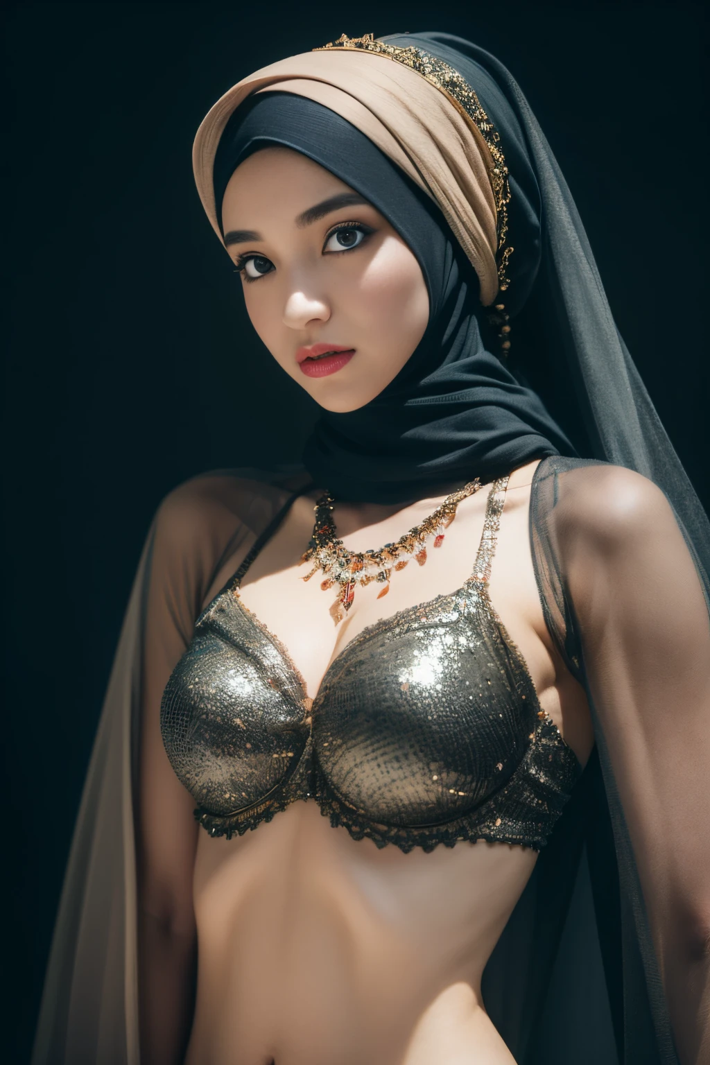 Hyper realistic, Beautiful, cute Face, 18 Years old russian lolita Girl, (wearing hijab), Detailed sexy seethru light blue lace kebaya dress, open breast, breast out, nude, nipples, small Rounded Breast, luxury necklace, White Skin, Dark City Background, mid shot, upper body, Perfect Potrait, Bokeh Effect, Look at Viewer, Armpit, Perfect Eye, Perfect Hand, Perfect Finger, Bracelet, Ring, (small breast), ((adorable:1.2)), ((masterpiece:1.1)), ((bokeh:1.2)), (dynamic seducing pose), seductive smile, flirting eyes,nude