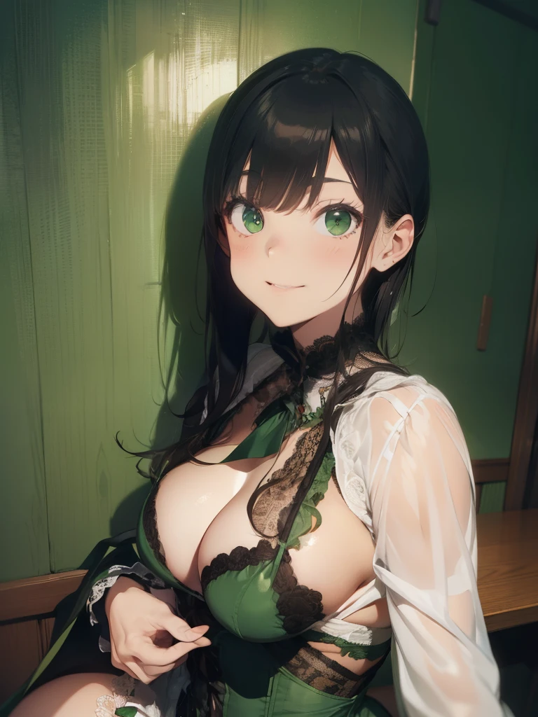 ultra-quality, ultla highres, Hyper Detailed, High contrast, Ultrafine Strike, creative refinement,A dark-haired,Green lingerie,ssmile,Green corset,Green Garter Belt,Show Pub,