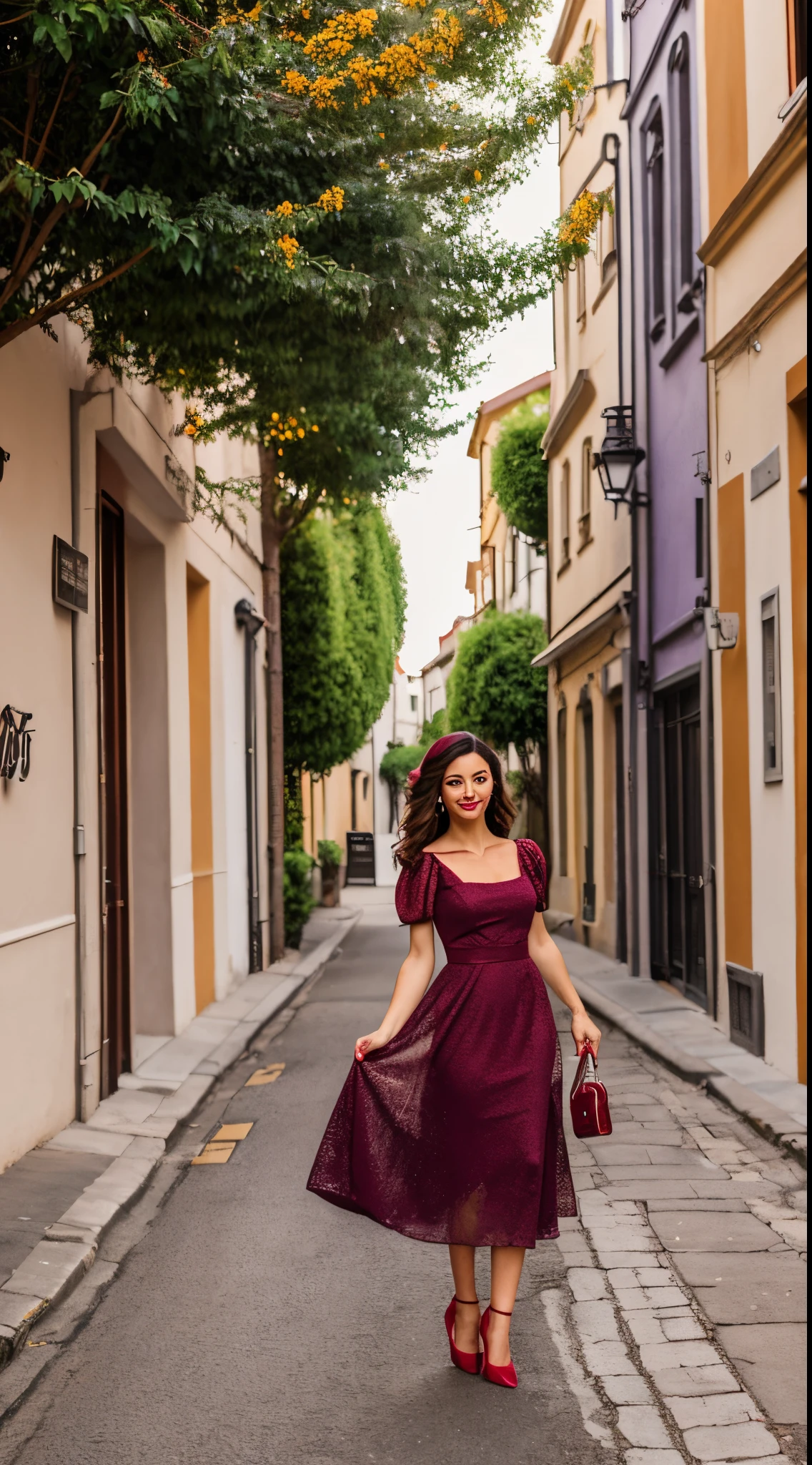 Full body in a 9:16 ratio, A beautiful woman wearing a wine puple fit and dlare dress, puff sleeves, red lips, red heel, red nails, in a standing pose in a street. Morning time Photoshoot, professional , Vibrant color, WINE COLOR, UltraRealistic Photography.