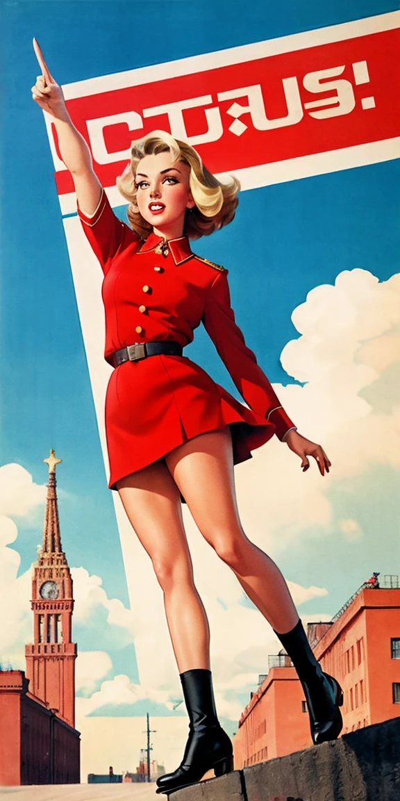 CCCP poster, soviet poster, USSR Flag in background, USSR Poster, Soviet Union poster, October Revolution, ((CCCP Poster, Soviet Poster)) (blond 1 mature girl) propaganda Poster, poster, Soviet flag on pole, blue sky with fighter jet, uniform, 1girl, solo, good body, Poster design, poster art style. 1980s, 1950s, 1960s, basic colour scheme, Very colourful poster, colour art, thirds rule, inspiring, general, military officer, woman, 1 mature girl, hair blowing in the wind, hand high in the air, revolutionary, pointing with finger, red square backdrop, thick legs.