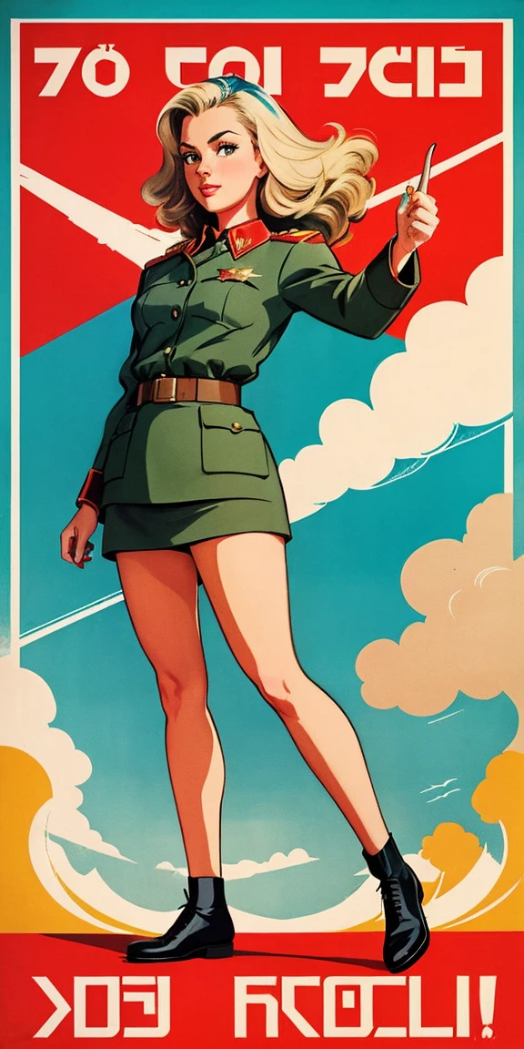 CCCP poster, soviet poster, USSR Flag in background, USSR Poster, Soviet Union poster, October Revolution, ((CCCP Poster, Soviet Poster)) (blond 1 mature girl) propaganda Poster, poster, Soviet flag on pole, blue sky with fighter jet, uniform, 1girl, solo, good body, Poster design, poster art style. 1980s, 1950s, 1960s, basic colour scheme, Very colourful poster, colour art, thirds rule, inspiring, general, military officer, woman, 1 mature girl, hair blowing in the wind, hand high in the air, revolutionary, pointing with finger, red square backdrop, thick legs.