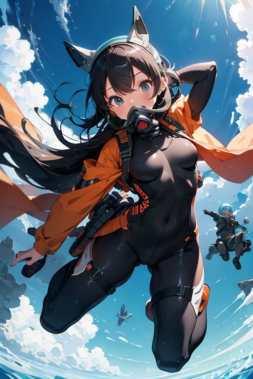 ighly detailed、Masterpiece、top-quality、Detailed writing、Cel animation style illustration、A highly detailed、Masterpiece illustration、Full body painting of a girl、Anime style with a girl falling from the sky、She、Based on black and white、Wearing a futuristic, tight-fitting bodysuit。Her head is completely covered by a clear green spacesuit helmet visor.、Inside the visor she wears a breathing gas mask。She has an orange parachute pack spread out on her back to help her fall.。Daytime blue sky
