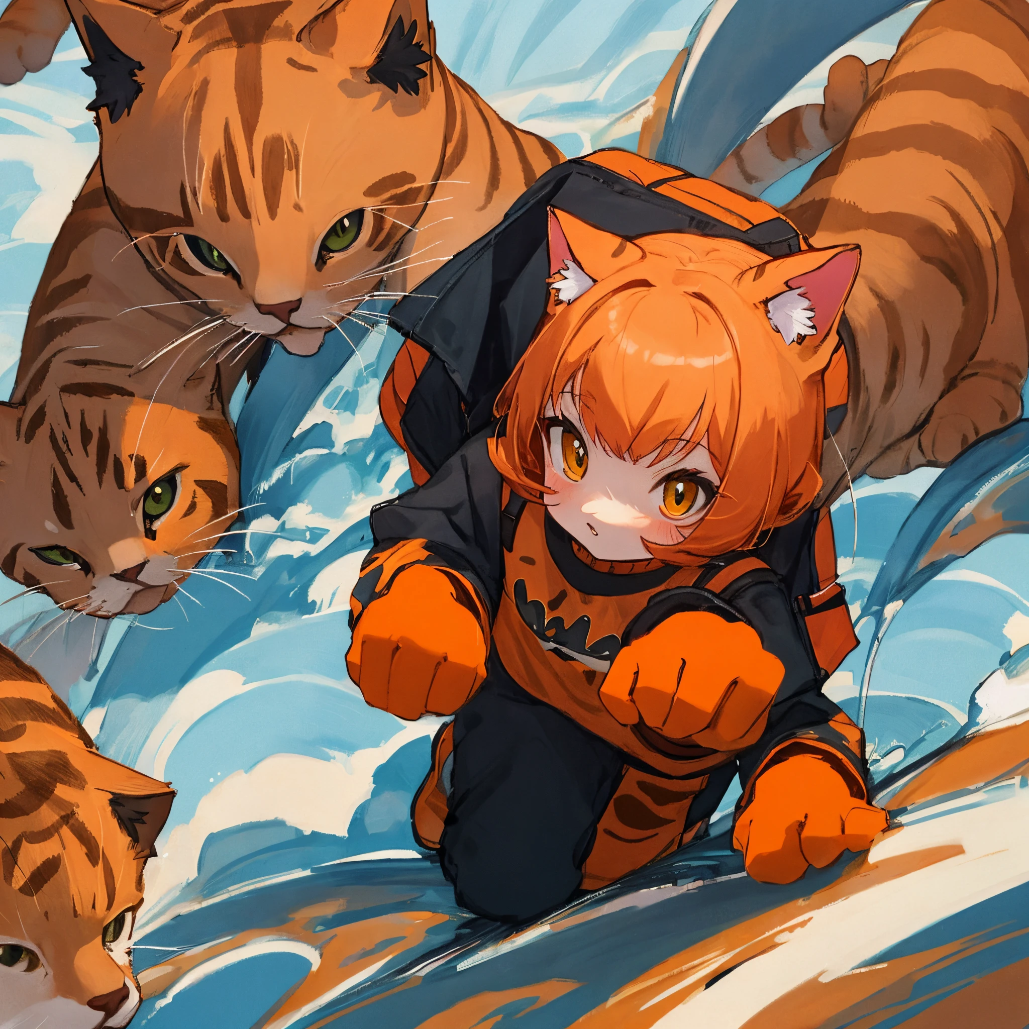 An orange cat，Wearing human fashion
