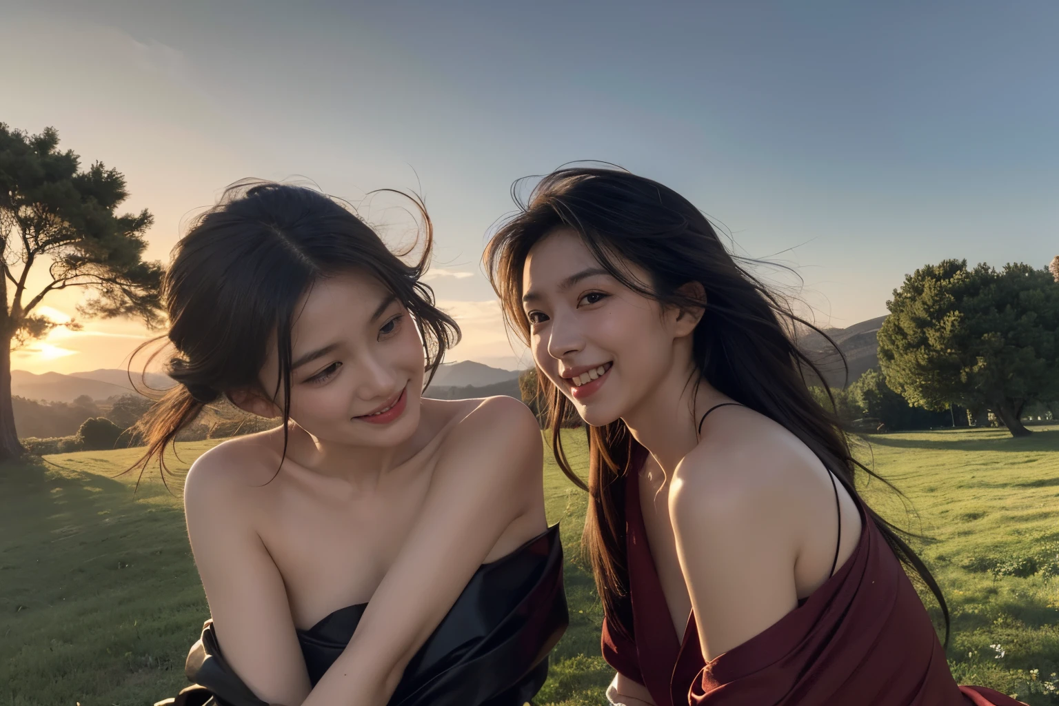 Ancient Roman landscape in the style of Poussin,A smile,,Sweet and seductive appearance.、Caravaggio's paintings、Chiaroscuro of Caravaggio、Hair disheveled in the wind,Two women frolicking,Cute smile, Expression of ecstasy,A sexy,erotick