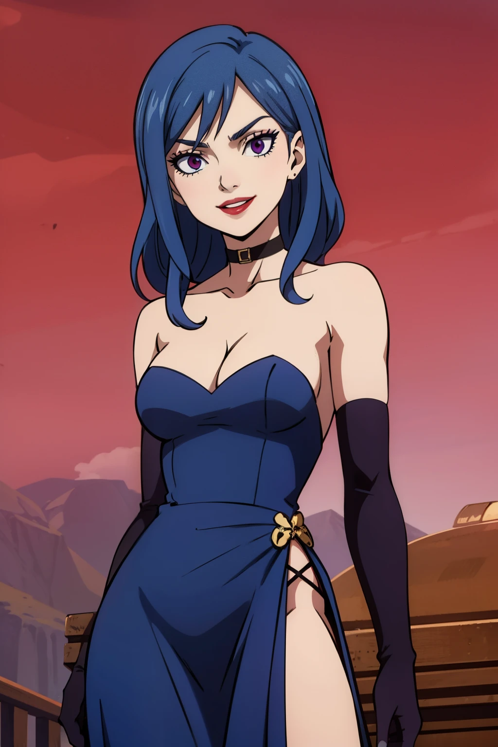 JUVIAGMG ,blue dress, long dress, strapless dress, backless dress, long white elbow gloves, smile, light red lipstick, dark purple eye shadow, makeup, black choker, cowboy shot
