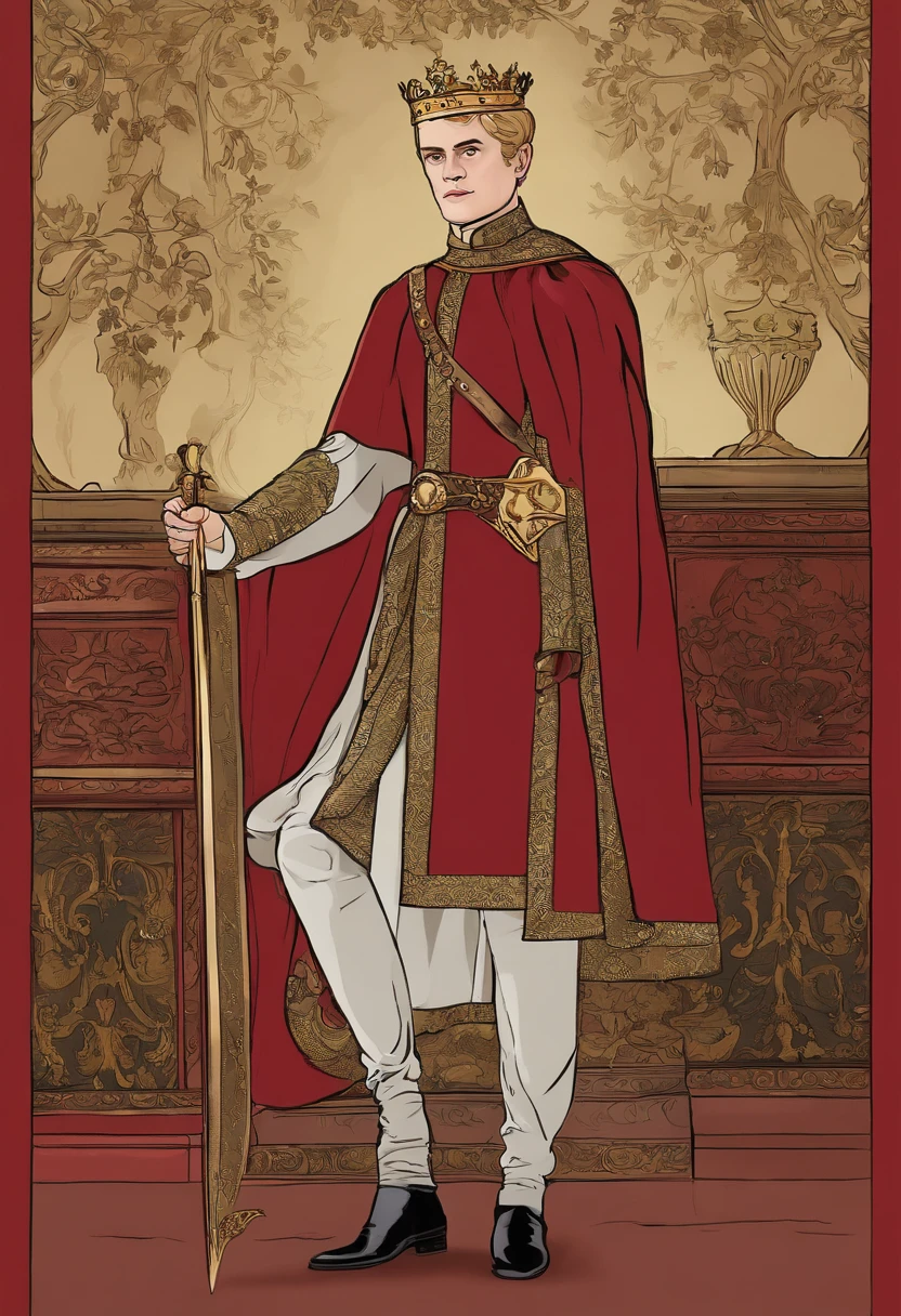 A photo of Joffrey organizing a tournament for his amusement, with fearful participants.,Game of Thrones TV series,Joffrey Baratheon, a character from “Game of Thrones,” presents with the fair-haired, aristocratic looks typical of the Lannister lineage, often displaying a smug, self-satisfied expression that mirrors his entitled demeanor. His youthful appearance is contrasted by a cold, sneering countenance, and he is usually adorned in lavish, regal attire befitting his status as a prince and later a king.