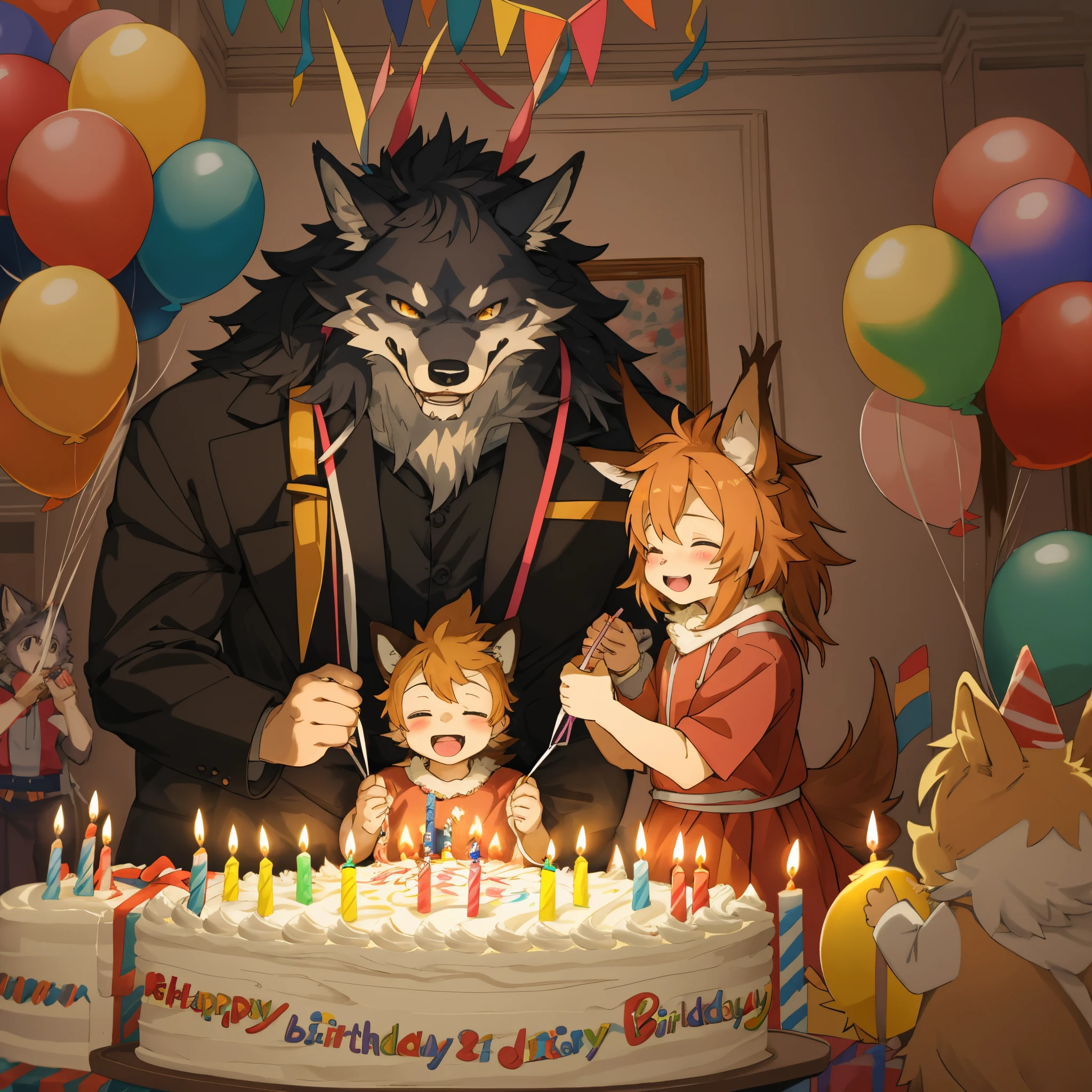 cover page, anime key visual, highres, top quality, best quality, paid reward available, High-quality illustrations, unparalleled masterpiece, perfect artwork, absurdres(kemono werewolf family, birthday party, child blowing out candles on birthday cake)(room decorated with balloons and streamers, festive and colorful atmosphere)(kemono parents of diverse descents smiling and clapping)perfect anatomy, cake with candles and colorful icing, joyful and celebratory mood, special family moment, fan-created work shared on platforms Pixiv or Twitter, cinematic lighting, dynamic angle,