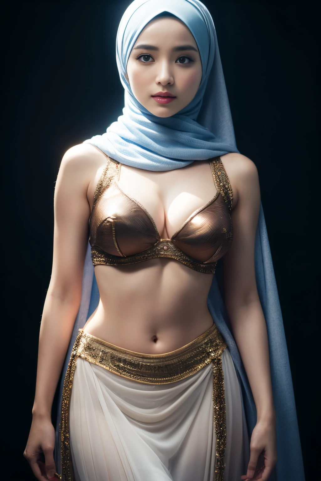 colorful bellydancer, cyberpunk, javanese, (((hijabi))), cleavage, reflection light, chiaroscuro, depth of field, cinematic lighting, ray tracing, Sony FE GM, UHD, super detail, masterpiece, textured skin, high details, best quality, award winning，3D,hdr（HighDynamicRange）,Ray tracing,NVIDIA RTX,Hyper-Resolution,Unreal 5,Subsurface scattering、PBR Texture、post-proces、Anisotropy Filtering、depth of fields、maximum definition and sharpness、Many-Layer Textures、Albedo e mapas Speculares、Surface coloring、Accurate simulation octane rendering of light-material interactions、Two-colored light、largeaperture、Low ISO、White balance、the rule of thirds、8K raw data