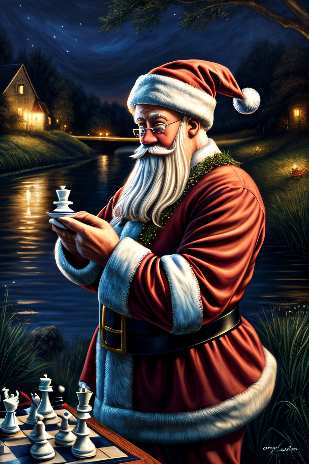 (santa claus:1.1,chess:1.1,river bank,summer evening),oil painting,classic style,dreamy colors,soft lighting