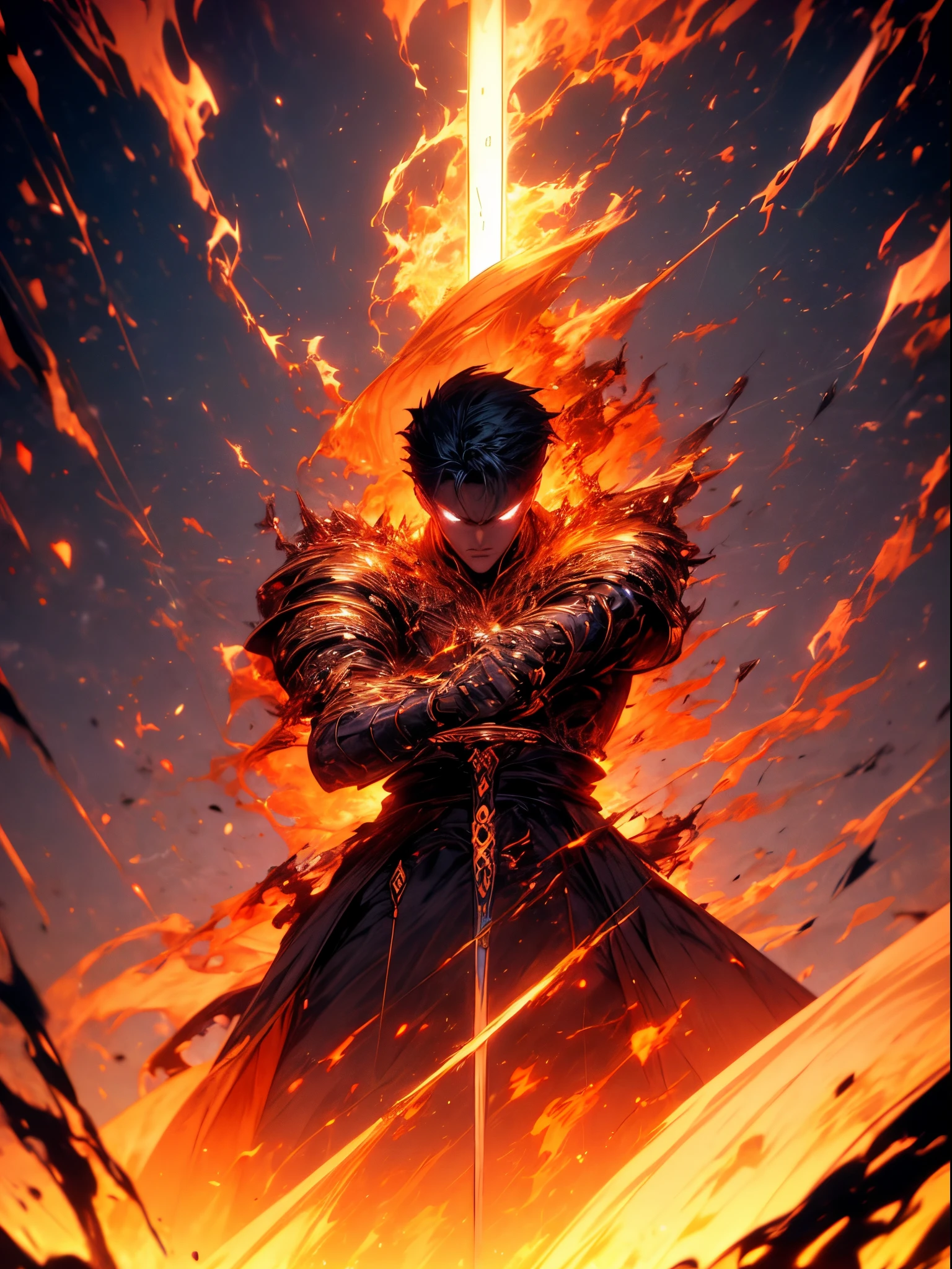 1 boy Cosmic Slaying God, Celestial Being Slaying God, Beautiful Eyes, Death Stare, Two Beautiful Swords In Each Hand, Celestial Cosmic Armor, Raging, Fury, Sword raging with light and dark element energy, Background with Dark and Light Void Space, Destroyed or Collapsed Planets and Stars in Background , Fearless, Handsome, 4k art, wallpaper, ultra high detailed art
