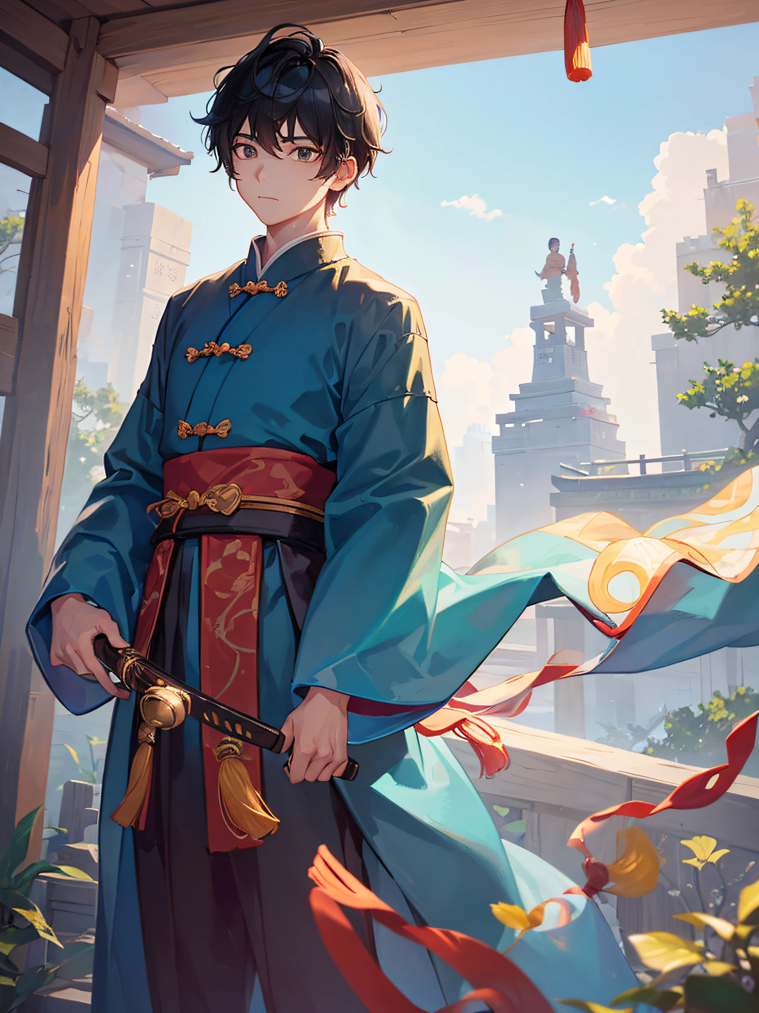 A boy with,Alone,A boy with,Alone,((美丽细致的眼睛)), (detailedlight),depth of fields,(Black hair),Wearing a Taoist uniform,Holding Bagua instrument in hand