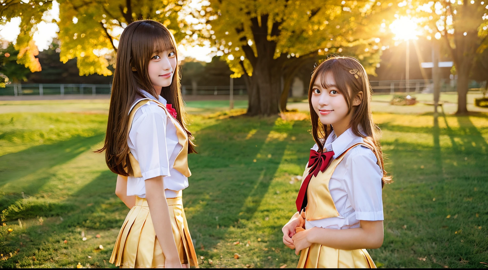 A beautiful 18-year-old high school girl in a golden miniskirt uniform.