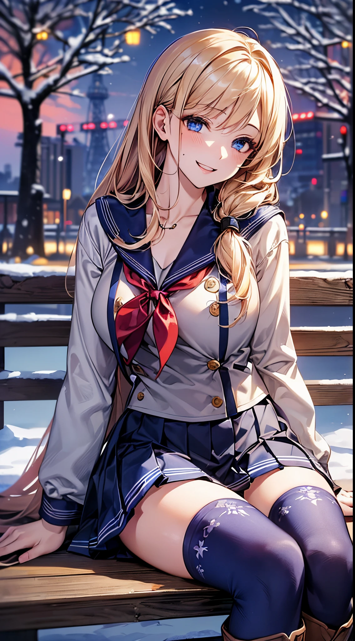 ((((perfect anatomy, super detailed skin)))), 1 girl, japanese, high school girl, shiny skin, large breasts:0.5, looking away, looking up, watching the view, from below,
beautiful hair, beautiful face, beautiful detailed eyes, (long hair:1.7, side ponytaail:1.5), blond hair, blue eyes,
beautiful clavicle, beautiful body, beautiful chest, beautiful thigh, beautiful legs, face, mole under eye,
((((long sleeves)), all navy sailor suit, navy pleated skirt, navy sailor collar, red sailor scarf, thigh-highs, short boots), school bag, cross necklace), seductive thighs, ,
((smile:1.5, open your mouth wide)), , female masturbation, lifting skirt myself,
(beautiful scenery),winter, midnight, hokkaido, sapporo, odori park, park bench, sitting, christmas, (christmas tree), illumination, tv tower, snow, snowfall:1.5, freezing weather, frost,
(8k, top-quality, masterpiece:1.2, extremely detailed), (photorealistic), beautiful illustration, cinematic lighting,