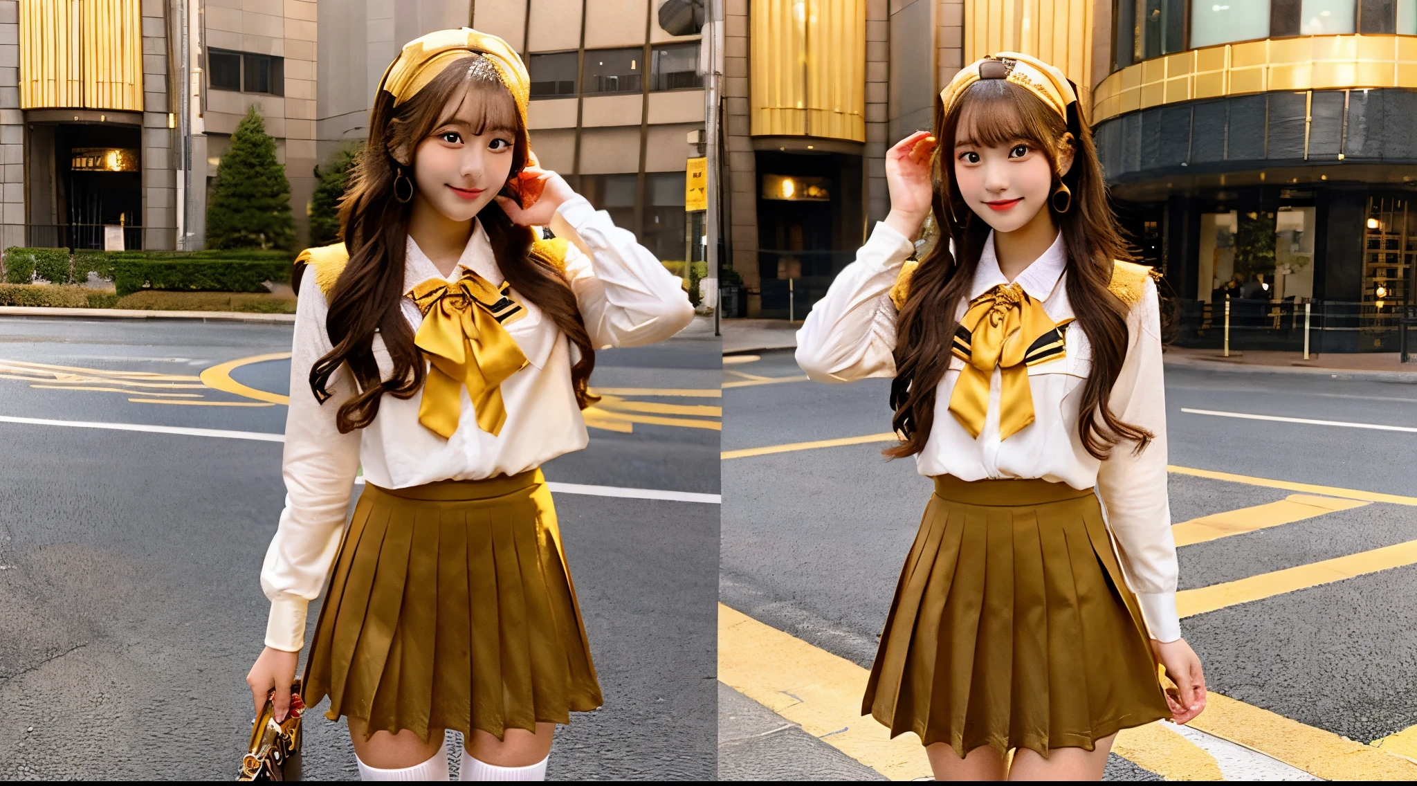 A beautiful 18-year-old high school girl in a golden miniskirt uniform.