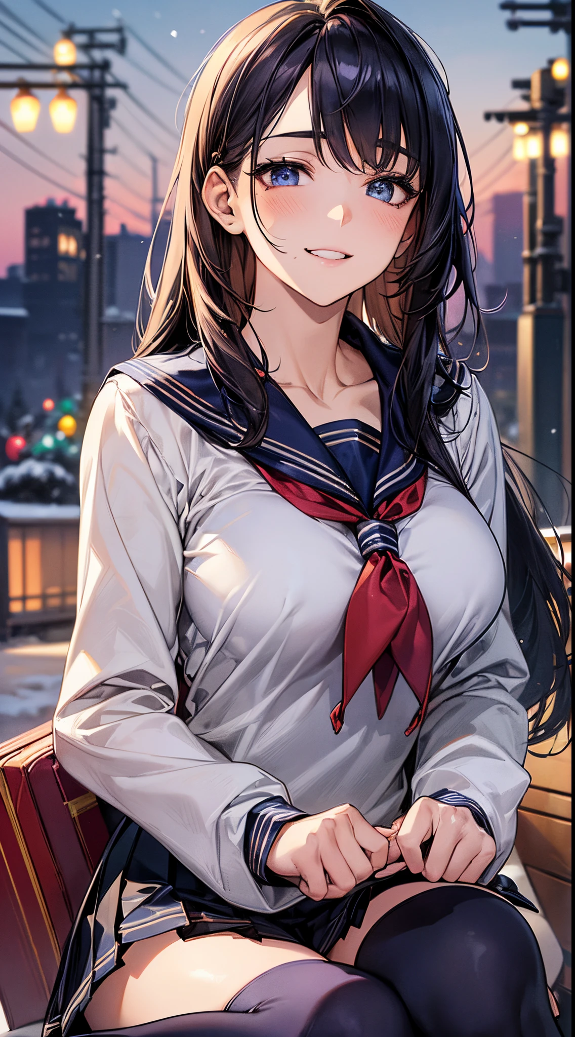 ((((perfect anatomy, super detailed skin)))), 1 girl, japanese, high school girl, shiny skin, large breasts:0.5, looking away, looking up, watching the view, from below,
beautiful hair, beautiful face, beautiful detailed eyes, (long hair:1.7, side ponytaail:1.5), blond hair, blue eyes,
beautiful clavicle, beautiful body, beautiful chest, beautiful thigh, beautiful legs, face, mole under eye,
((((long sleeves)), all navy sailor suit, navy pleated skirt, navy sailor collar, red sailor scarf, thigh-highs, short boots), school bag, cross necklace), seductive thighs, ,
((smile:1.5, open your mouth wide)), , female masturbation, lifting skirt myself,
(beautiful scenery),winter, midnight, hokkaido, sapporo, odori park, park bench, sitting, christmas, (christmas tree), illumination, tv tower, snow, snowfall:1.5, freezing weather, frost,
(8k, top-quality, masterpiece:1.2, extremely detailed), (photorealistic), beautiful illustration, cinematic lighting,