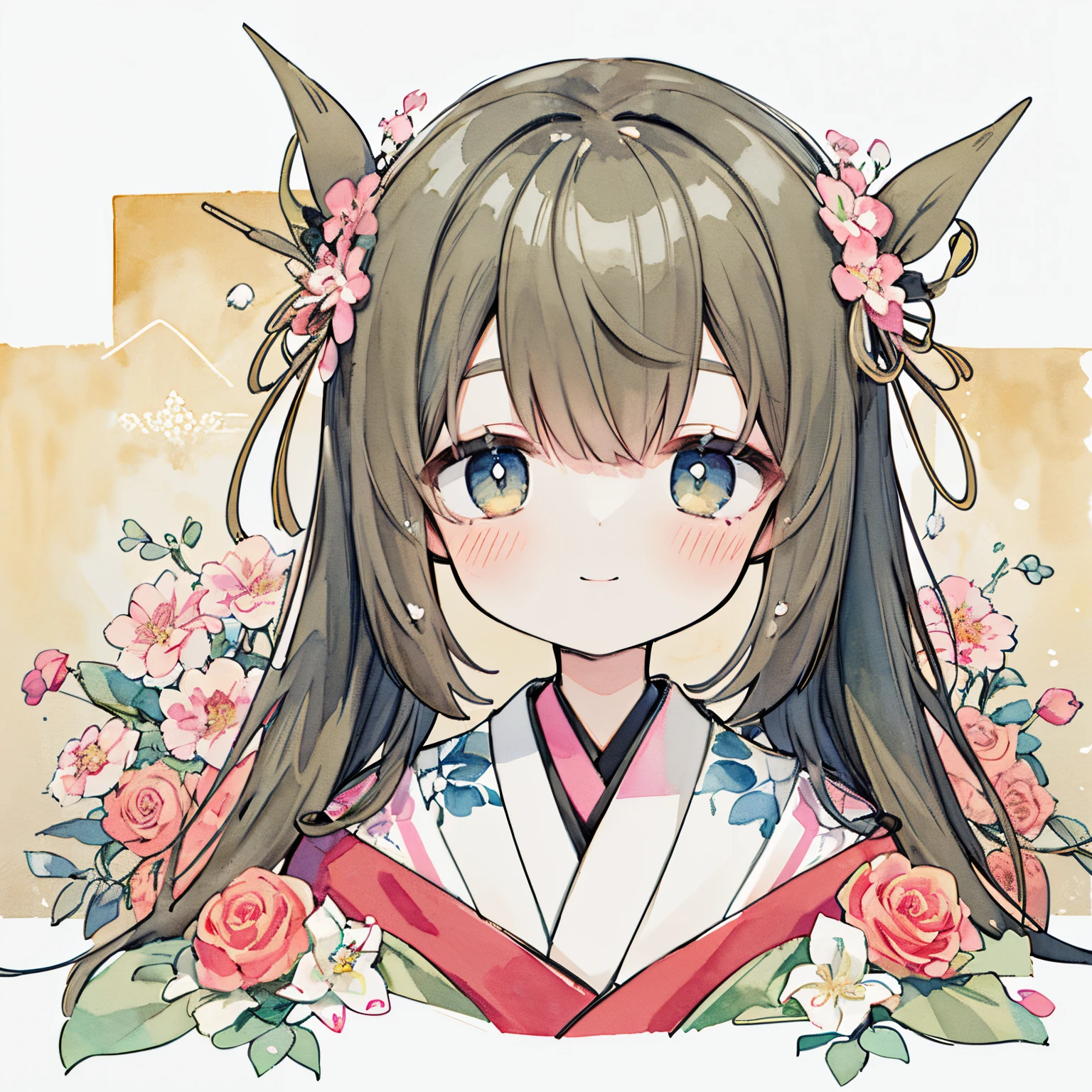 Transparent watercolor,Beautiful arrangements and motifs、Originality、depth of fields , Fantasia、AI、fresh flowers、A girl combined with fresh flowers、Japanese-style background、calligraphy background painting、lily flower motif、komono、hight resolution、［Broken eyes］［Drawing collapse］［Broken look］(A slight smil)