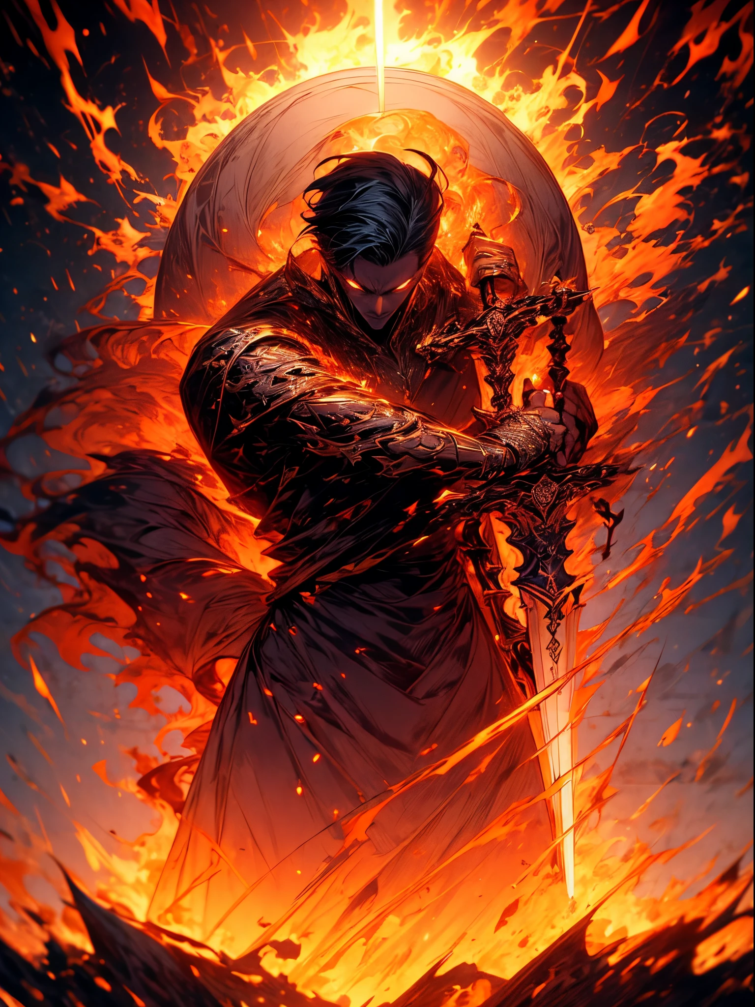 1 boy Cosmic Slaying God, Celestial Being Slaying God, Beautiful Eyes, Death Stare, Two Beautiful Swords In Each Hand, Celestial Cosmic Armor, Raging, Fury, Sword raging with light and dark element energy, Background with Dark and Light Void Space, Destroyed or Collapsed Planets and Stars in Background , Fearless, Handsome, 4k art, wallpaper, ultra high detailed art