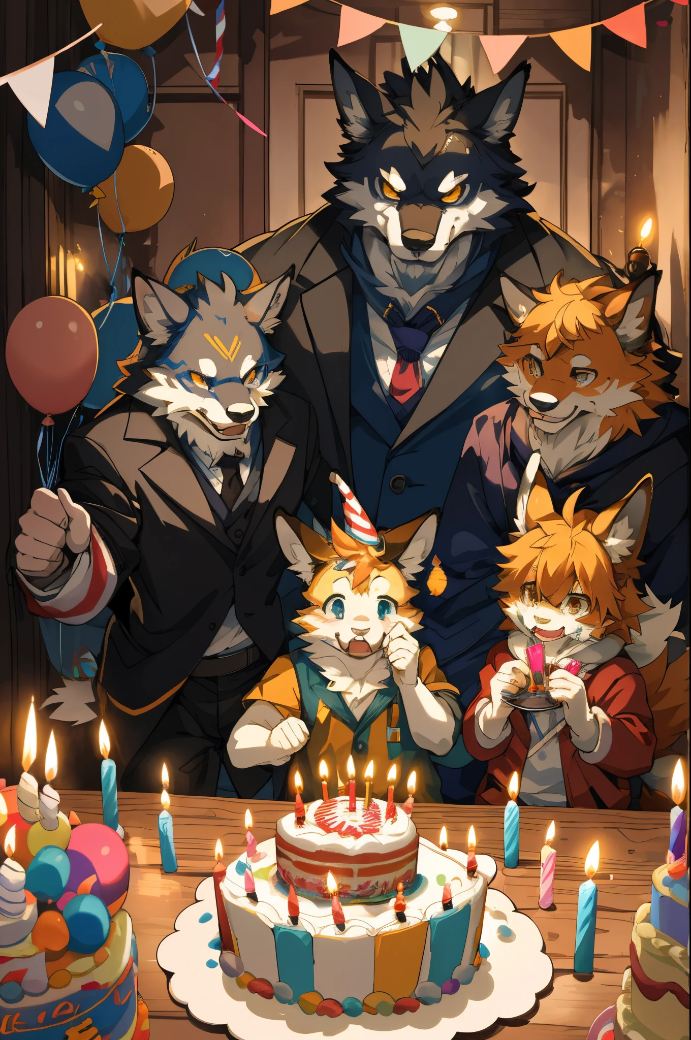 cover page, anime key visual, highres, top quality, best quality, paid reward available, High-quality illustrations, unparalleled masterpiece, perfect artwork, absurdres(kemono werewolf family, birthday party, child blowing out candles on birthday cake)(room decorated with balloons and streamers, festive and colorful atmosphere)(kemono parents of diverse descents smiling and clapping)perfect anatomy, cake with candles and colorful icing, joyful and celebratory mood, special family moment, fan-created work shared on platforms Pixiv or Twitter, cinematic lighting, dynamic angle,