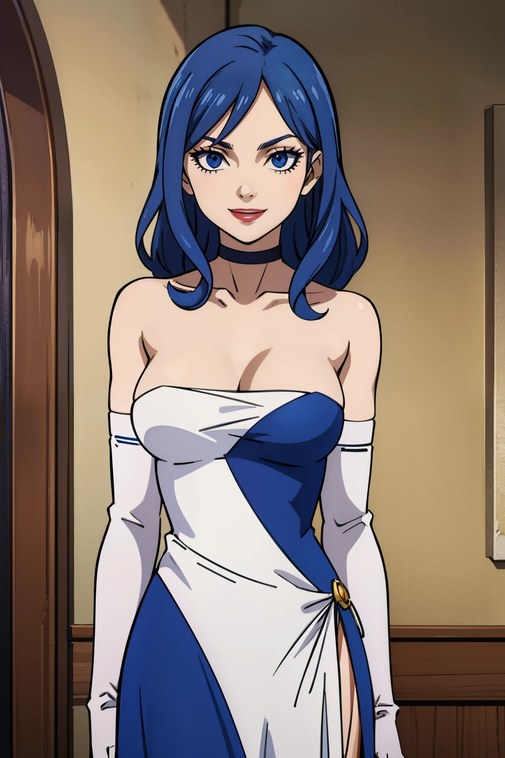 JUVIAGMG, blue hair, blue eyes ,blue dress, long dress, strapless dress, backless dress, long white elbow gloves, smile, light red lipstick, dark purple eye shadow, makeup, black choker, cowboy shot