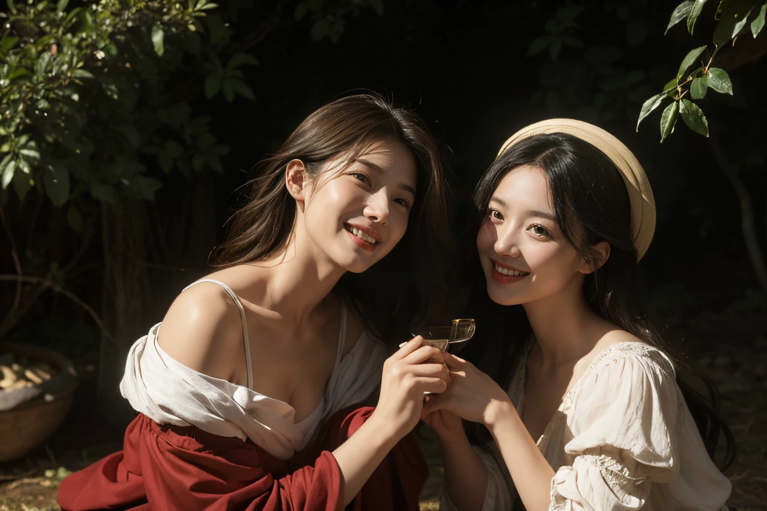 Poussin-style landscape,A smile,,Sweet and seductive appearance.、Caravaggio's paintings、Chiaroscuro of Caravaggio、Hair disheveled in the wind,Two women frolicking,Cute smile, Expression of ecstasy