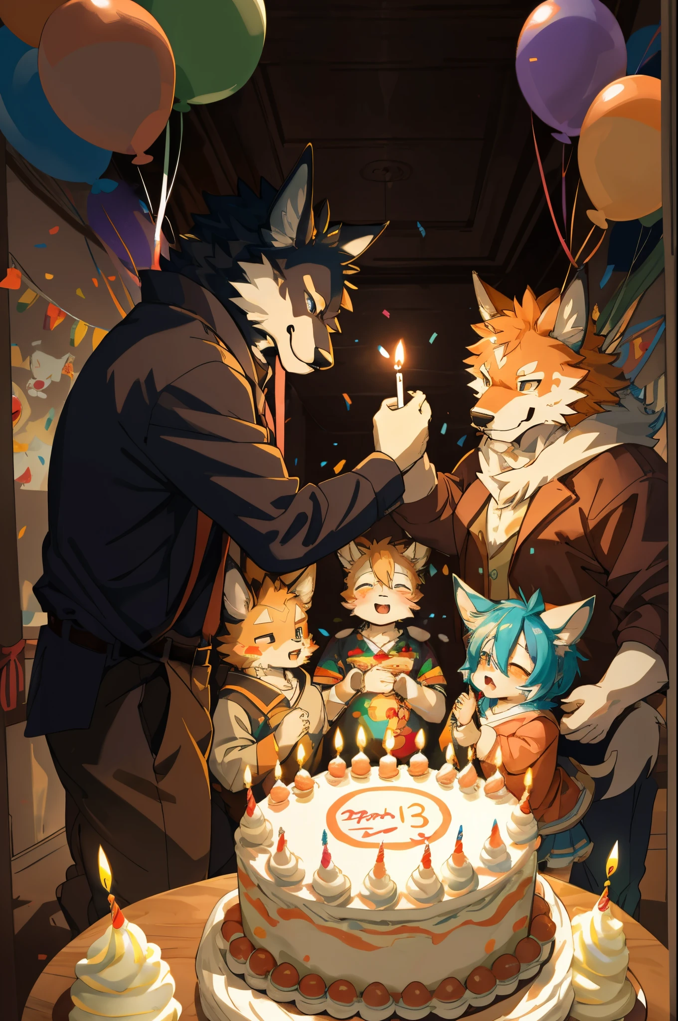 cover page, anime key visual, highres, top quality, best quality, paid reward available, High-quality illustrations, unparalleled masterpiece, perfect artwork, absurdres(kemono werewolf family, birthday party, child blowing out candles on birthday cake)(room decorated with balloons and streamers, festive and colorful atmosphere)(kemono parents of diverse descents smiling and clapping)perfect anatomy, cake with candles and colorful icing, joyful and celebratory mood, special family moment, fan-created work shared on platforms Pixiv or Twitter, cinematic lighting, dynamic angle,