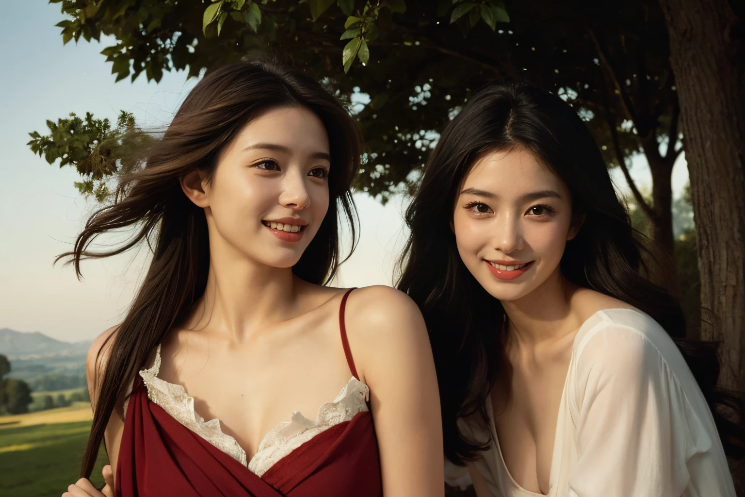 Poussin-style landscape,A smile,,Sweet and seductive appearance.、Caravaggio's paintings、Chiaroscuro of Caravaggio、Hair disheveled in the wind,Two women frolicking,Cute smile, Expression of ecstasy