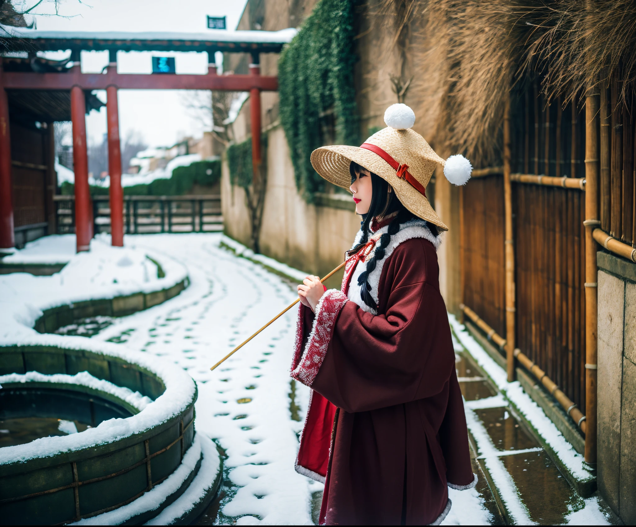 1girl dress like move The Flying Swords of Dragon Gate, Ancient Chinese fortresses background, city walls, cape, desert, snow, furry_coat, furry_cloak, snow, linen_clothes, bamboo_hat, masterpiece, best quality, 8k, photorealistic,