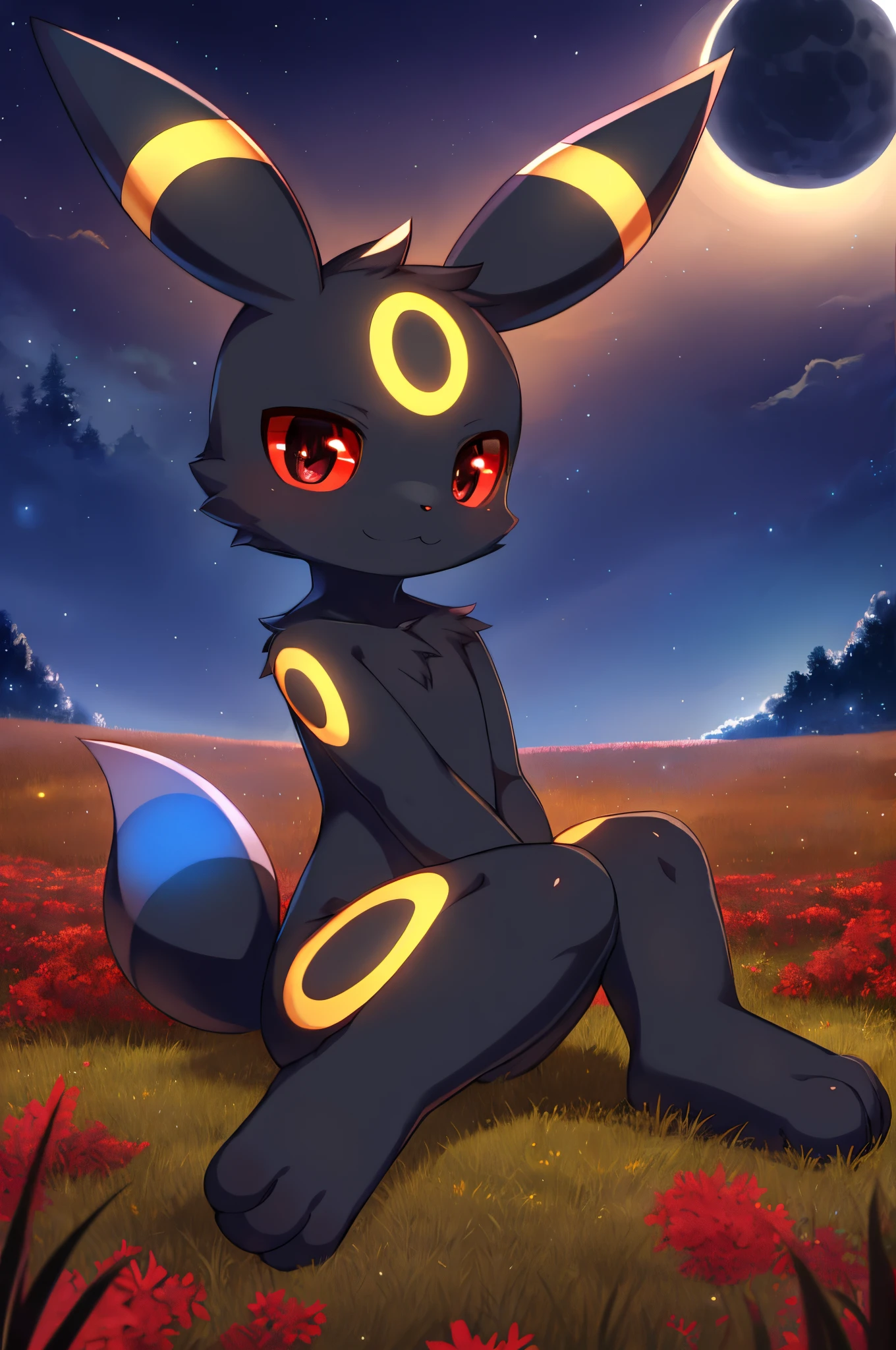 Umbreon, anthro, young, red sclera, black iris, black body fur, feets whit three toes, detailed body fur, detailed face, detailed eyes, glistering body, shiny body, gorgeous body, masterpiece, high quality, anime style, full body, :3, field, clear sky, sitting, cute, blush, mouth open