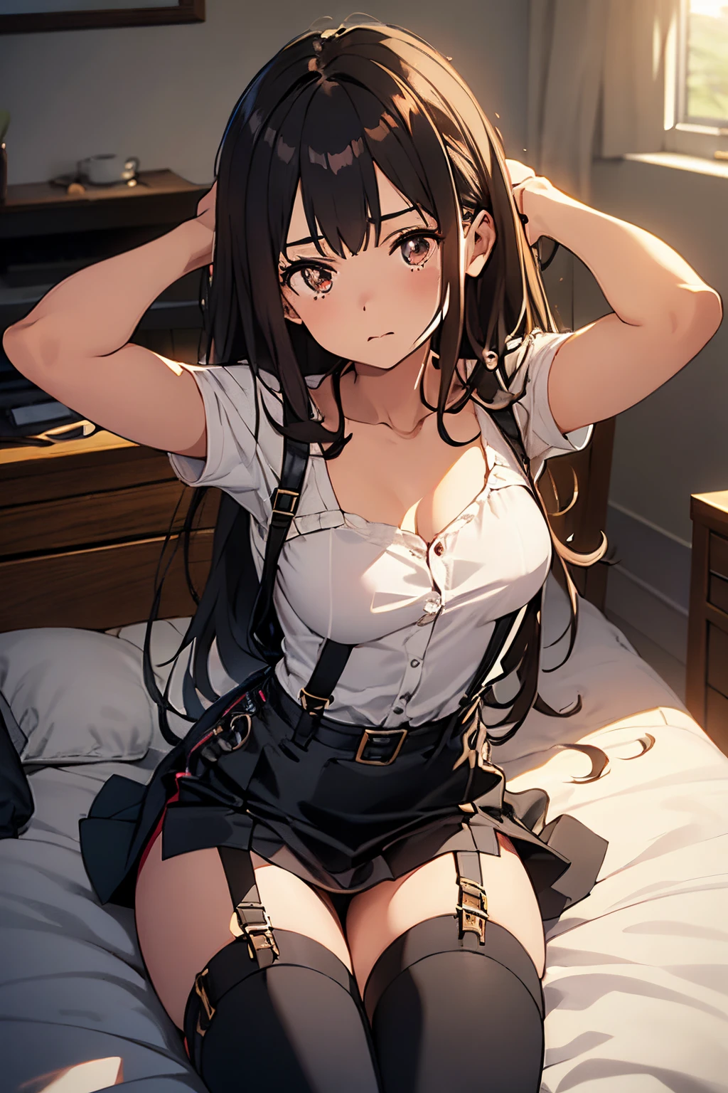 ​masterpiece、flat-colors、depth of fields、lens flare 1 girl、、Brown hair、watching at viewers　　　black suspenders　　　Bulging big breasts　　 　 　　　walls: 　Black miniskirt　garters　　　　　　Gaze　　　Small face　bangss 　　　holster　　a belt 　Beautuful Women　srestrained　hands up　Lying in bed　Leg holster