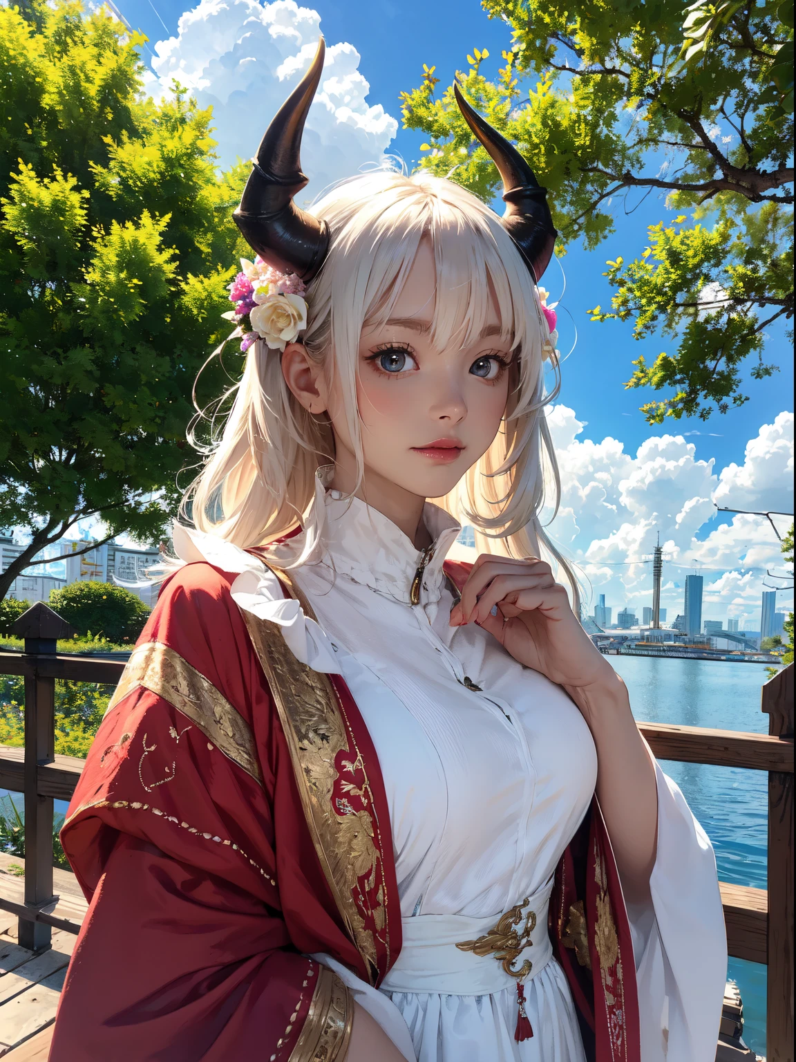 (Masterpiece), (Excellent), (Extremely Fine), White Dew, Square, Spectator, Dragon's Tail Horns, Upper Body, Flowers, Streamers, Clouds,