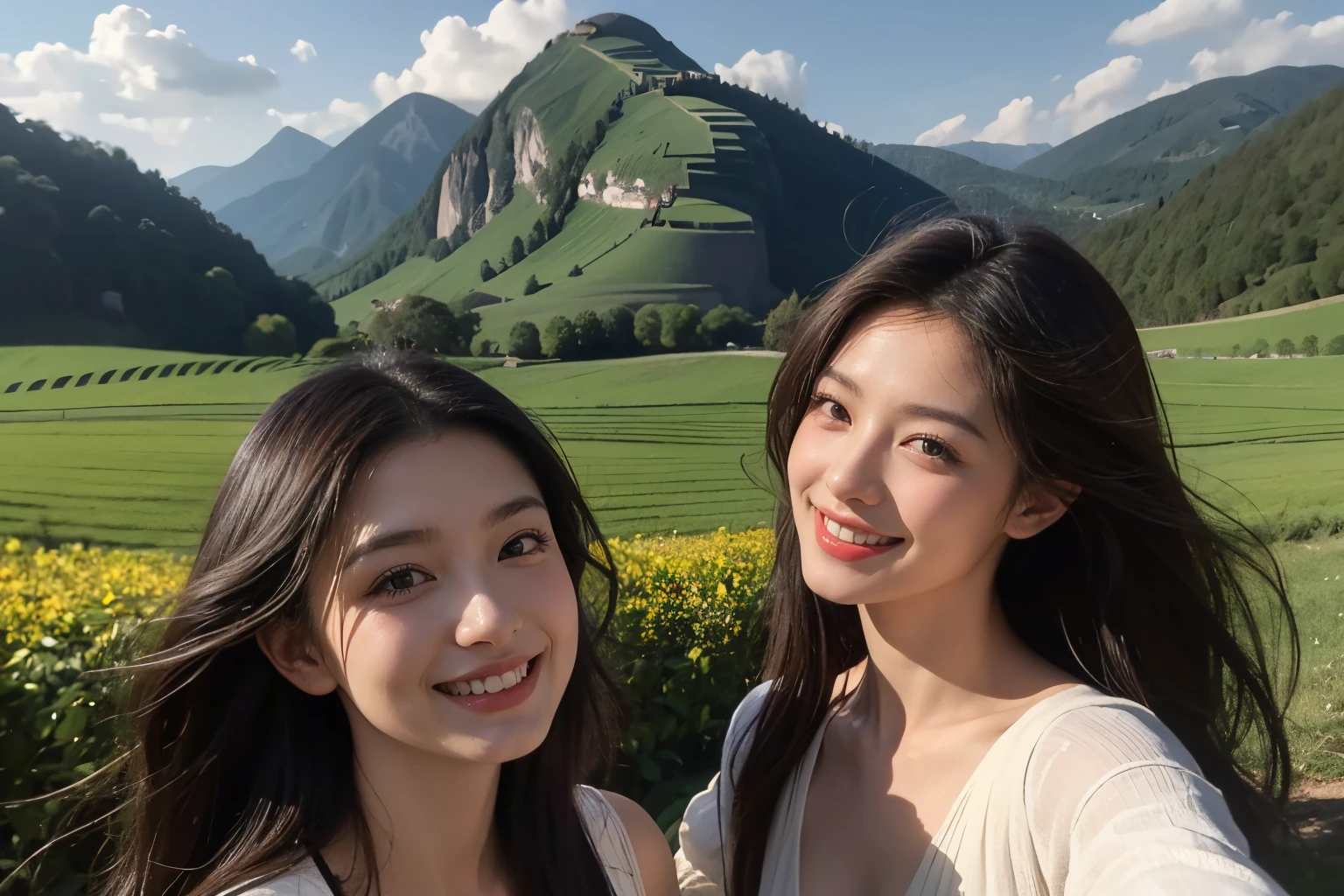 Poussin-style landscape,A smile,,Sweet and seductive appearance.、Caravaggio's paintings、Chiaroscuro of Caravaggio、Hair disheveled in the wind,Two women frolicking,Cute smile, Expression of ecstasy