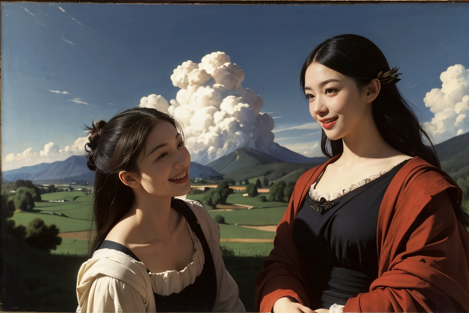 Poussin-style landscape,A smile,,Sweet and seductive appearance.、Caravaggio's paintings、Chiaroscuro of Caravaggio、Hair disheveled in the wind,Two women frolicking,Cute smile, Expression of ecstasy