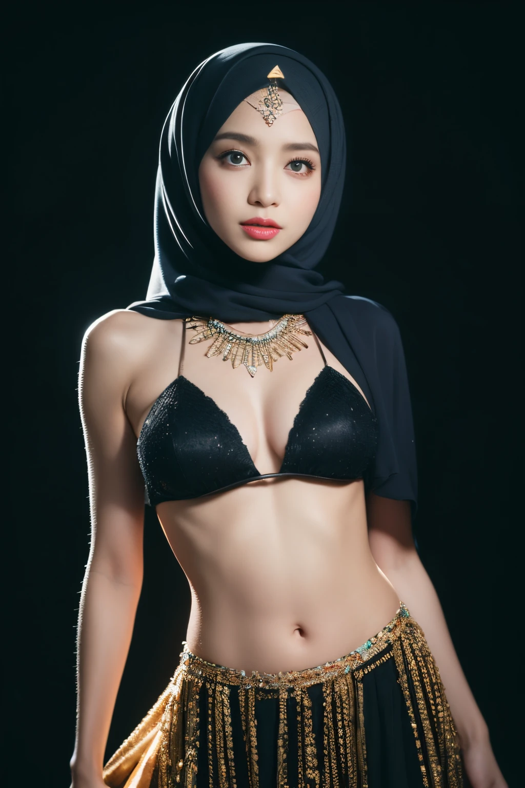 colorful bellydancer, cyberpunk, javanese, (((hijabi))), cleavage, reflection light, chiaroscuro, depth of field, cinematic lighting, ray tracing, Sony FE GM, UHD, super detail, masterpiece, textured skin, high details, best quality, award winning,3D,hdr(HighDynamicRange),Ray tracing,NVIDIA RTX,Hyper-Resolution,Unreal 5,Subsurface scattering、PBR Texture、post-proces、Anisotropy Filtering、depth of fields、maximum definition and sharpness、Many-Layer Textures、Albedo e mapas Speculares、Surface coloring、Accurate simulation octane rendering of light-material interactions、Two-colored light、largeaperture、Low ISO、White balance、the rule of thirds、8K raw data