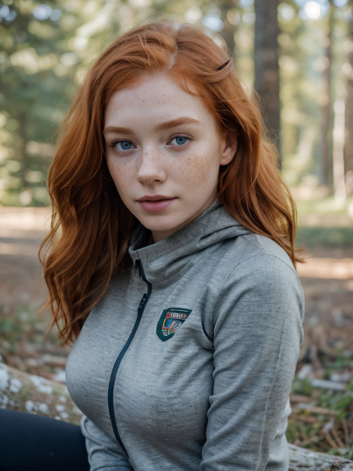 (1girl in, age24, Solo, Aesthetic artwork, irish redhead, wavy ginger hair, shoulder length ginger hair, light grey eyes, some small freckles, pale skin, A-cup, small breasts, runners body, full body, sitting on the log (textured skin, skin pores:1.1), perfect skin, goosebumps, wearing dark gray jacket, wearing navy blue leggings, in a clearing looking at Rocky mountains, early winter, snow, mountains, blury background, (front to camera, looking away: 1.25), (extremely detailed 8k wallpaper), (hard lighting), high quality, film grain, Fujifilm XT3 sharp focus, f 5.6, 50mm, High Detail, Sharp focus, (natural light), crazy details, complex details, hyperdetailed