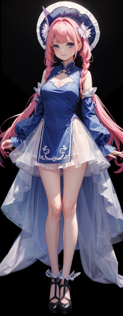 （Full body photo），Fluorescent background，（1 Witch，Flash fluorescence，Hats，Transparent tulle jk，Delicate headgear，ssmile），（paper art，Quilted paper art，geometry），（Lots of colors，Best quality，high detal，tmasterpiece，movie light effect，4K，lightand shade contrast），Blue transparent tulle cheongsam，pigtails，Red knee-length socks，luminous totem，eBlue eyes，Sakura hair and big breasts，long braid，Pink Haired Magical Girl Madoka Witch Costume