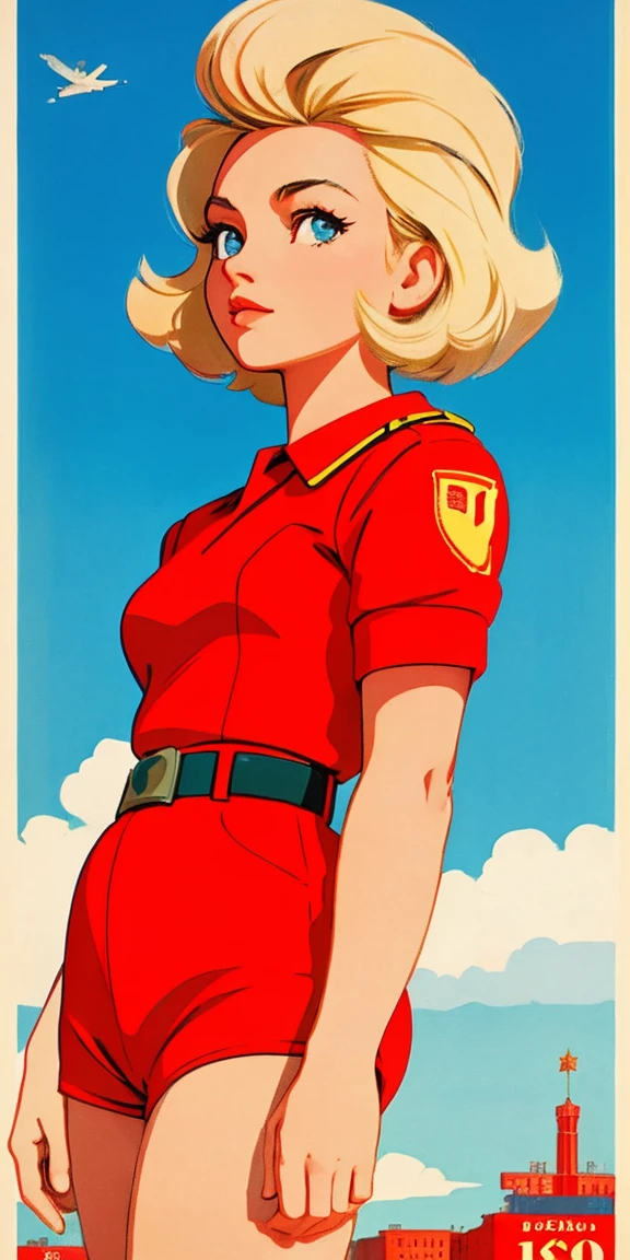 USSR Poster, Soviet Union poster, soviet poster style, (blond 1 mature girl) propaganda Poster, blue sky, 1girl, solo, good body, Poster design, poster art style. 1980s, 1950s, 1960s, basic colour scheme, Very colourful poster, colour art, thirds rule, inspiring, woman, 1 mature girl, hair blowing in the wind, cloudy backdrop, beautiful legs.