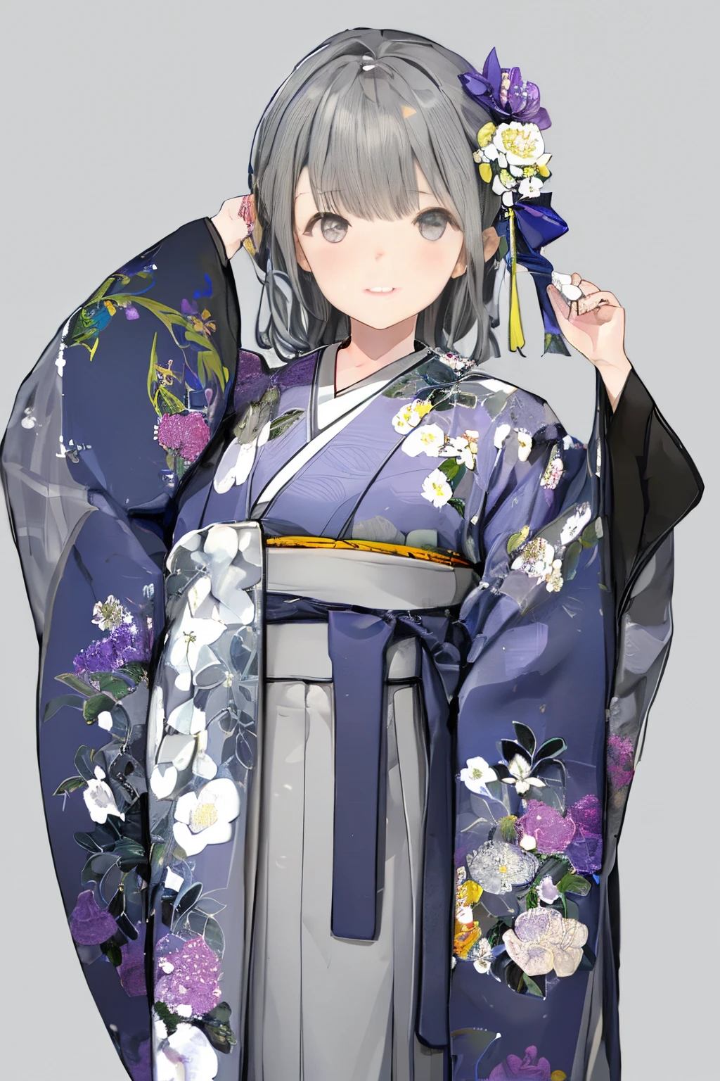 (((gray floral background:1.3)))、Best Quality, masutepiece, High resolution, (((1girl in))), ,(((Eyes are gray:1.3)))、Gray kimono、((beautiful gray kimono)), Tindall Effect, Realistic, Shadow Studio,Ultramarine Lighting, dual-tone lighting, (High Detail Skins: 1.2)、Pale colored lighting、Dark lighting、 Digital SLR, Photo, High resolution, 4K, 8K, Background blur,Fade out beautifully、gray flower world