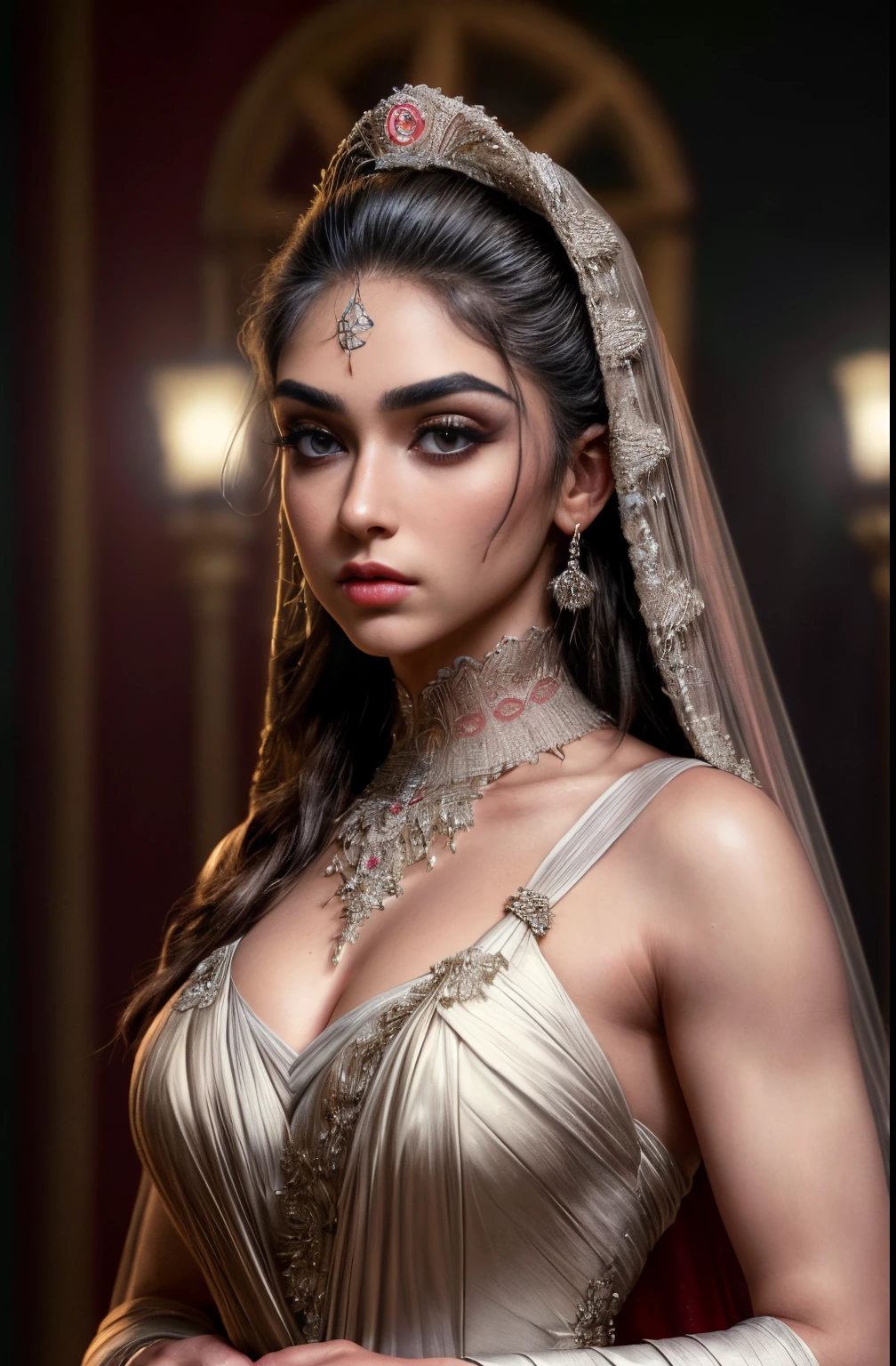 (8K, HDR, hight resolution), ((((photografic, RAW photo, hyper realisitc, Masterpiece, Best Quality, ultra highres)))), (Pin light, back light, Backlighting, cinematiclight), sharp-focus:1. 4, (Hyper Detail, Finely detailed), closeup face, a closeup of a,, 1girl, Small and plump lips, Straight and pretty nose, slightly reddened cheekbones, thick eyebrows and long and beautiful eyelashes. gown