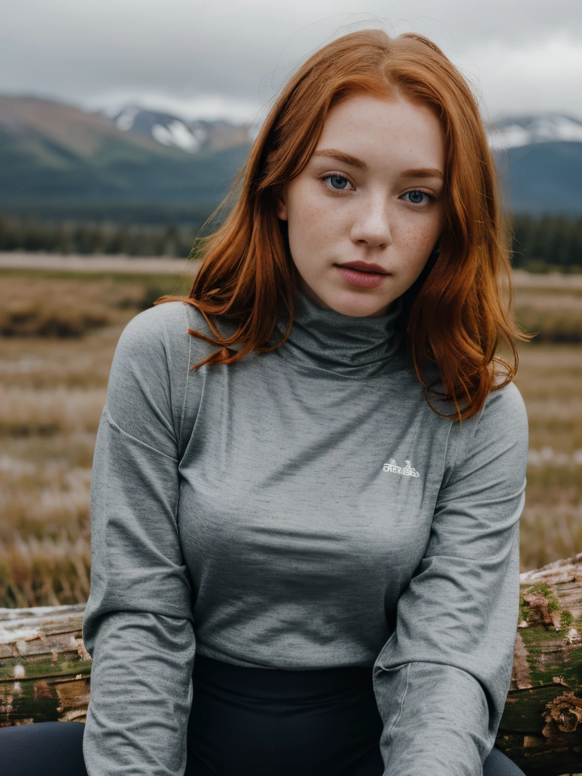 (1girl in, age24, Solo, Aesthetic artwork, irish redhead, wavy ginger hair, shoulder length ginger hair, light grey eyes, some small freckles, pale skin, A-cup, small breasts, runners body, full body, sitting on the log (textured skin, skin pores:1.1), perfect skin, goosebumps, wearing dark gray jacket, wearing navy blue leggings, wearing a black turtleneck shirt, in a clearing looking at Rocky mountains, early winter, snowy, mountains, blury background, (front to camera, looking away: 1.25), (extremely detailed 8k wallpaper), (hard lighting), high quality, film grain, Fujifilm XT3 sharp focus, f 5.6, 50mm, High Detail, Sharp focus, (natural light), crazy details, complex details, hyperdetailed