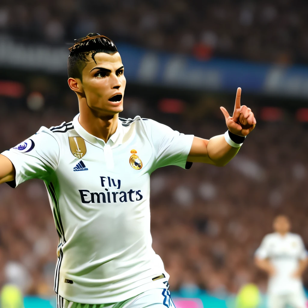 a Real Madrid number 10 player sending Cristiano Ronaldo's celebration. He is dark-skinned, has black hair and is kind of strong.