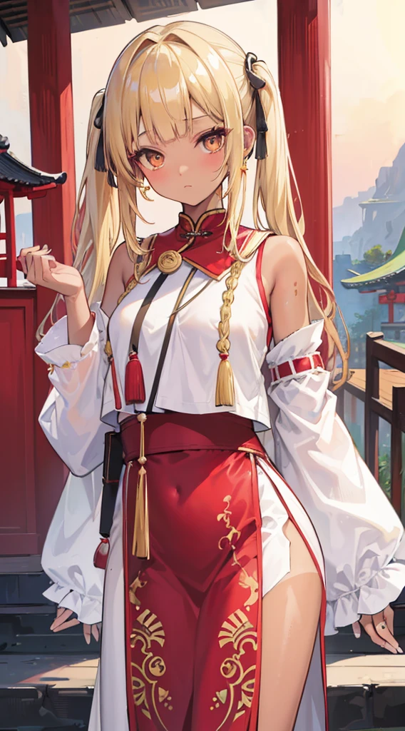 (8k、Top image quality、top-quality、​masterpiece)、A detailed face、1 girl in、Blonde twintails、Long、blunt bangs、Golden eyes、expressionless、((Brown skin))、((Suntan-Skin))、piercings、Moderately breasts、(white chinese clothes)、(long skirt side slit)sleeveless、black fur jacket、cowboy  shot、is standing、Hands on Hips、Taken from below、shrine background