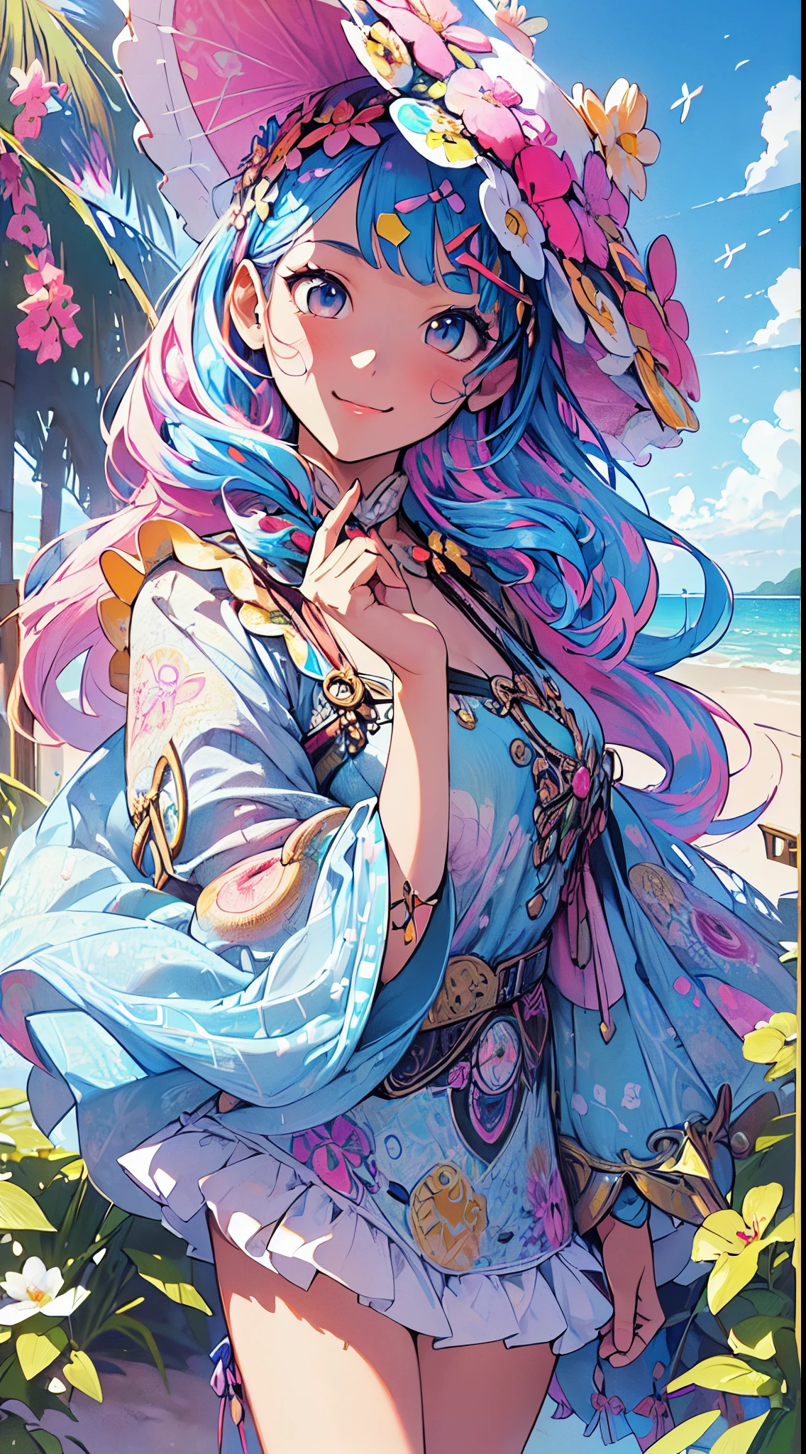 ((flowercrown),((beach parasol))，innocent smiles、eye glass、veranda、ancient city、(1 girl, Solo:1.6),(Cute smile),(Clothes are simple), (Best Impact:1.5), (maximalism:1.7), Vivid contrast, (Realistic), hyperrealistic illustrations, hight resolution, ultra-detailliert, absurderes,(Fractal Art:1.3)、Random hairstyle、Random hair color colorful、FULL BODYSHOT、Retro、Precise focus、randome pose、cinema4d、Drama