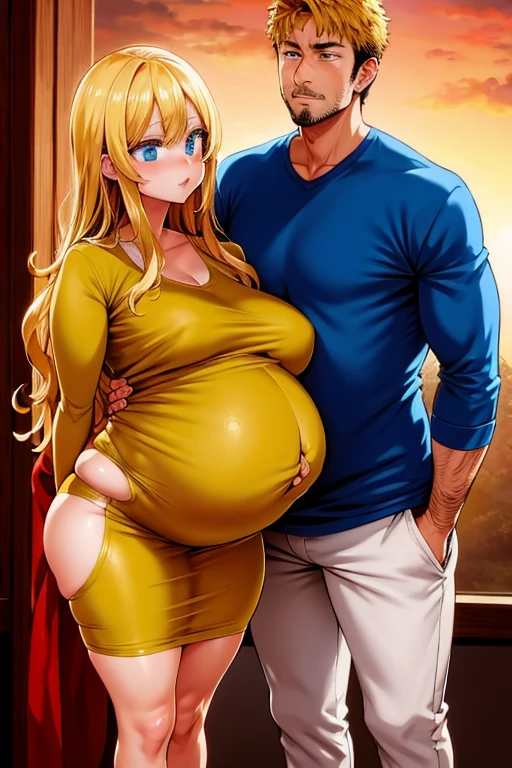 A pregnant woman，Golden hair，Wear maternity clothing,Next to him stood a man