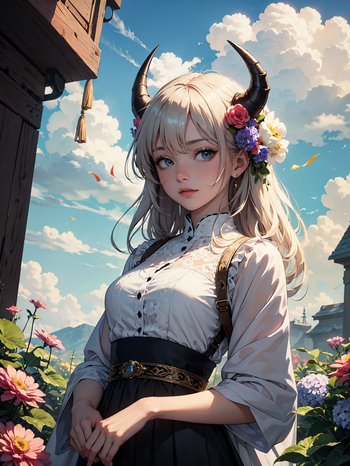 (Masterpiece), (Excellent), (Extremely Fine), White Dew, Square, Spectator, Dragon's Tail Horns, Upper Body, Flowers, Streamers, Clouds,